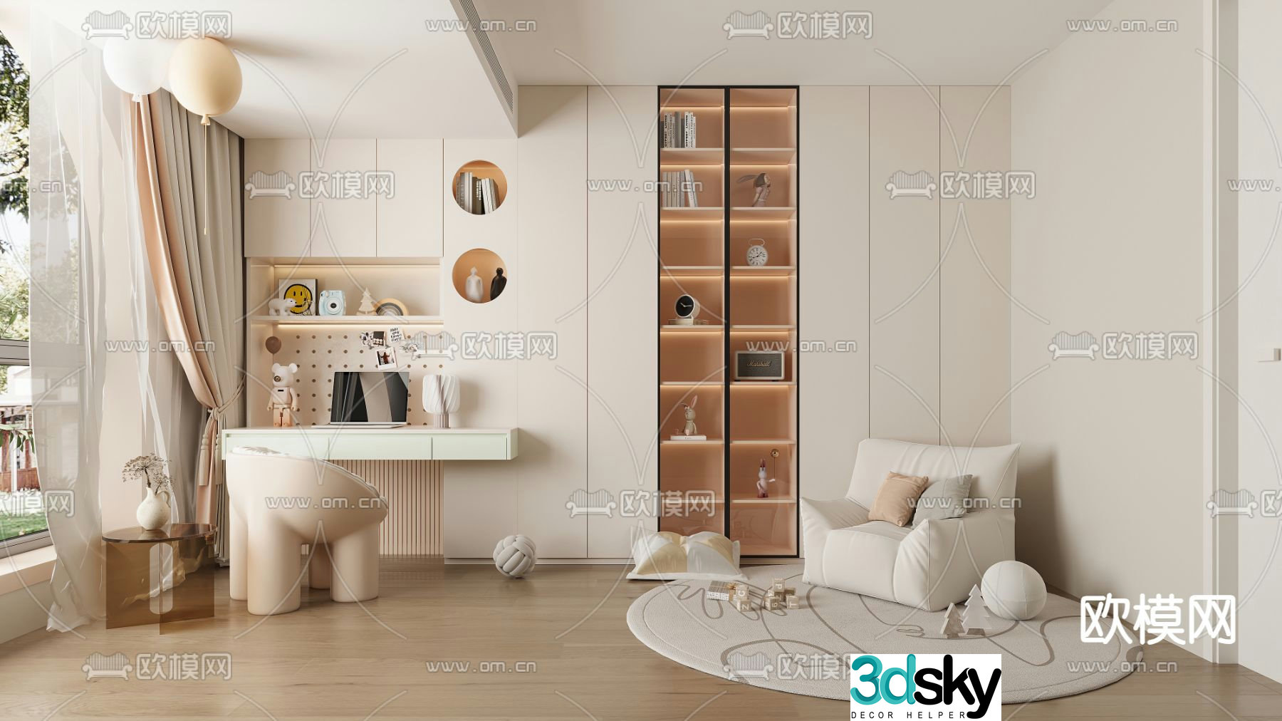 Cream style children’s cabinet bookcase study room 3D model