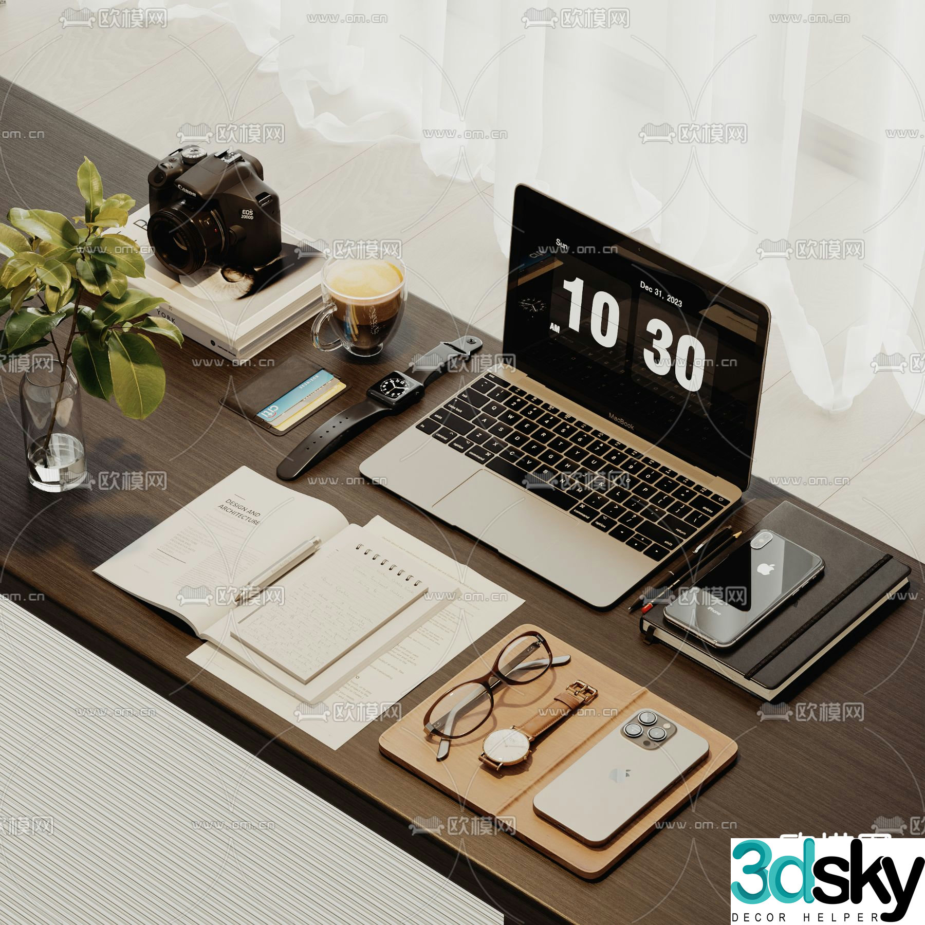 laptop glasses stationery office supplies 3d model
