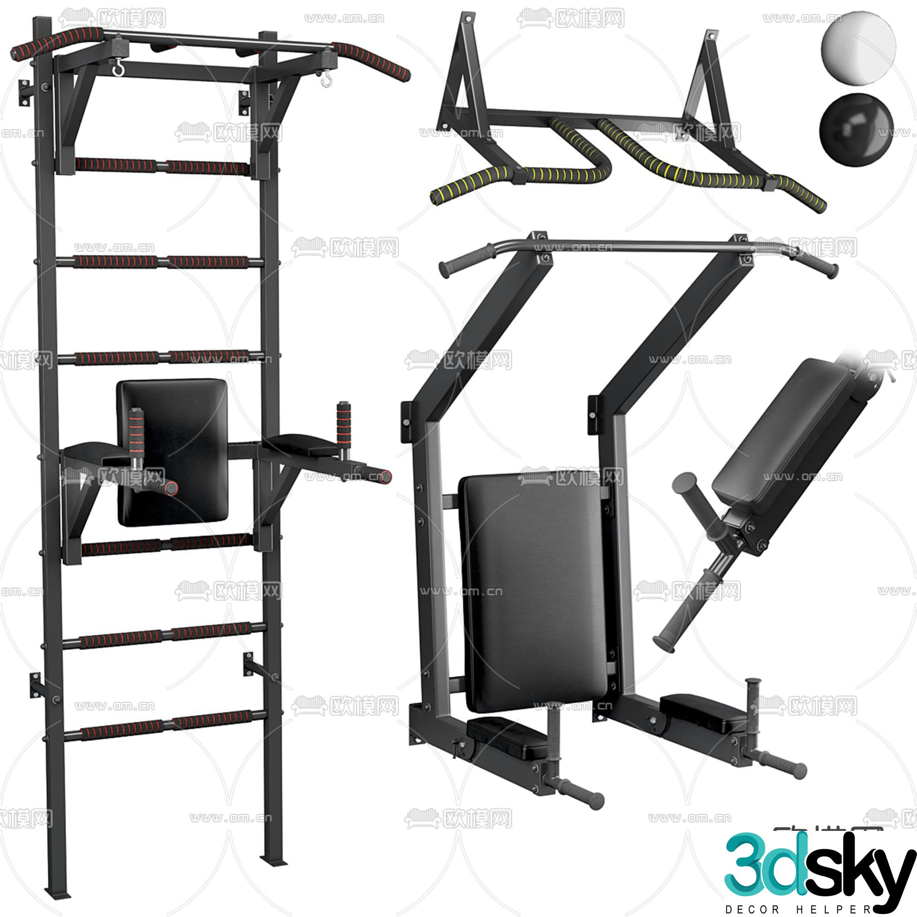 Fitness equipment, single and parallel bars, pull-ups, supine board 3D model