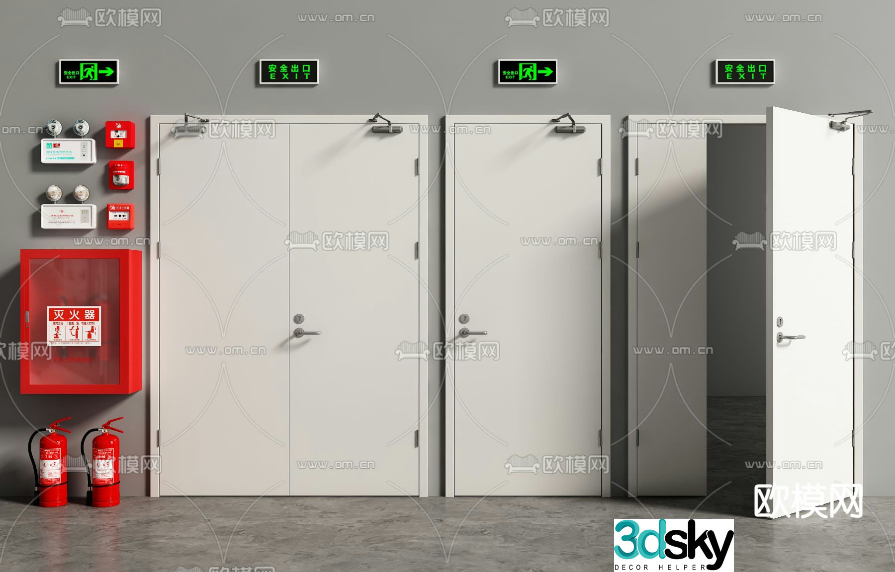 fire door fire door safety exit fire extinguisher alarm 3d model