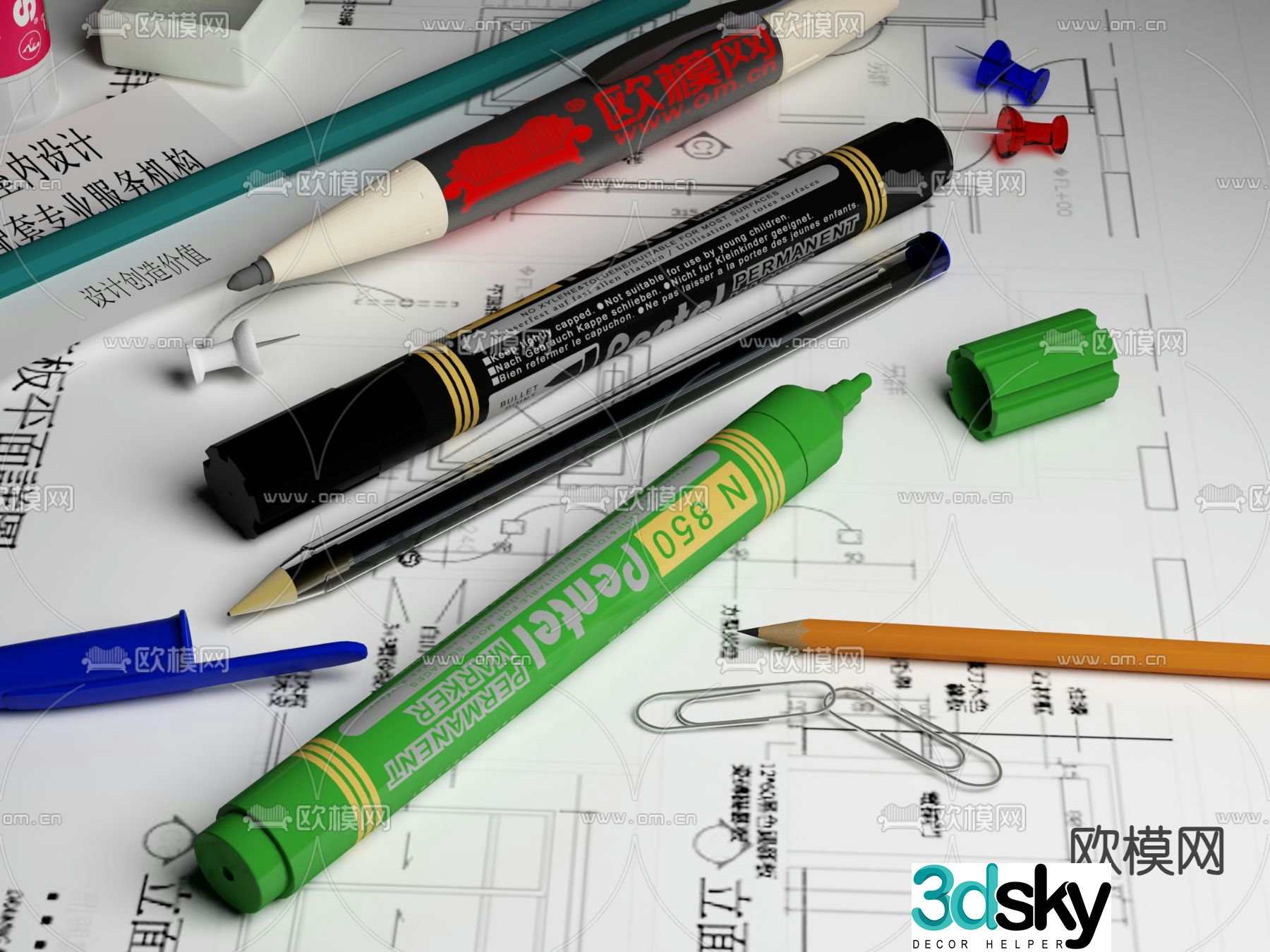 Marker Pencil Ballpoint Pen Office Stationery 3D Model