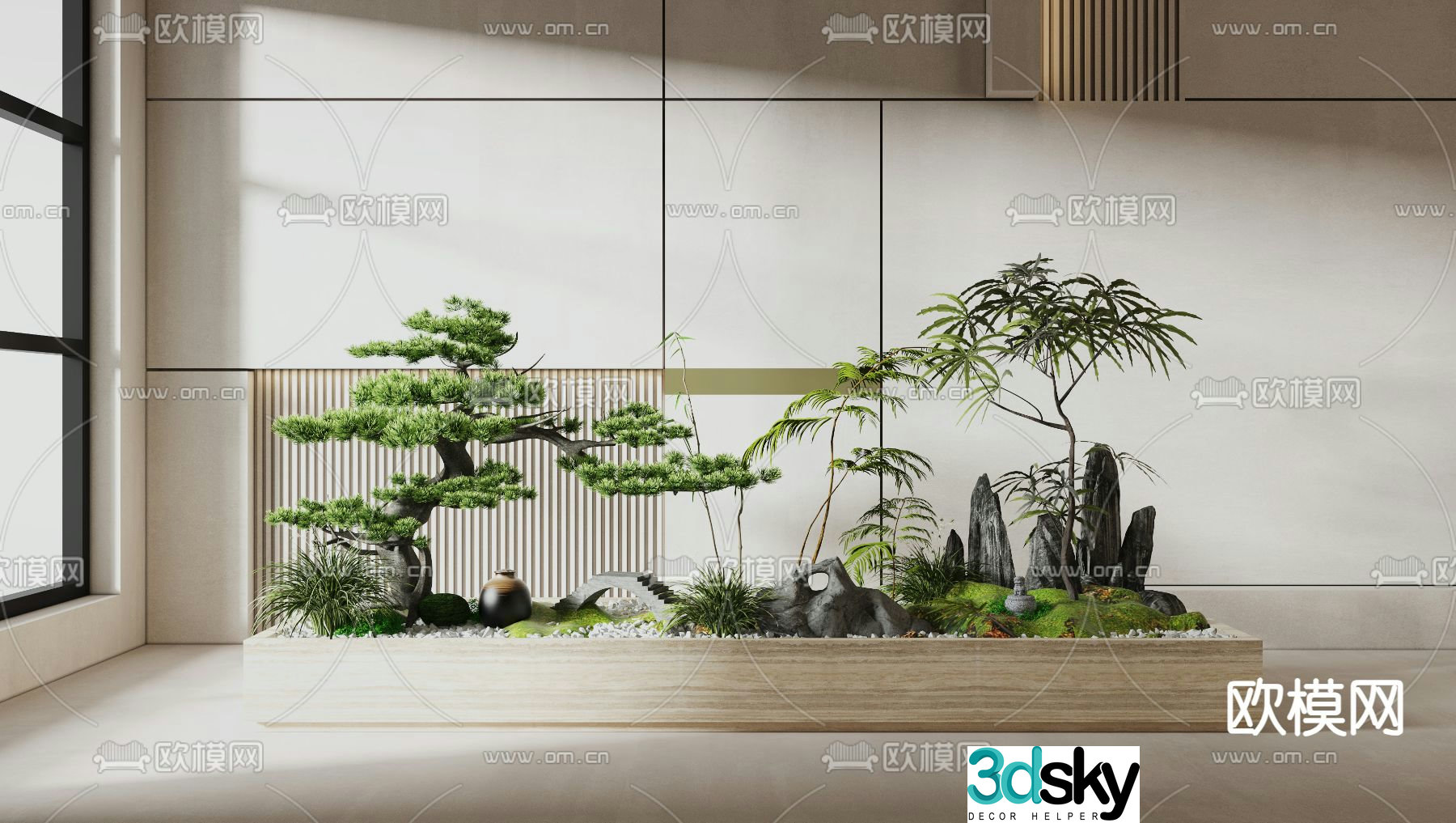 Landscape sketch pine tree landscaping rockery stone bridge 3D model