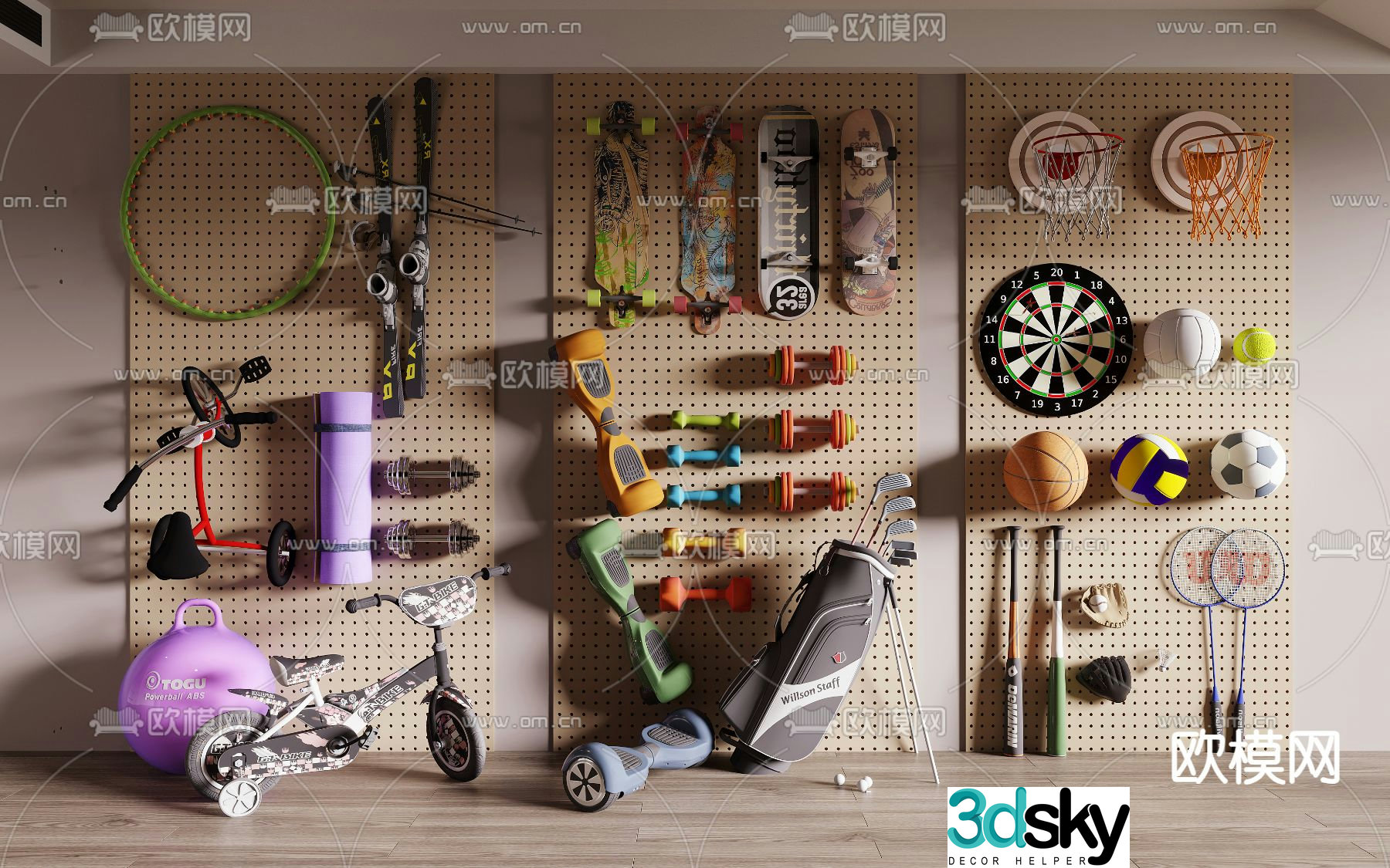 Fitness equipment dumbbell skateboard balance bike 3d model