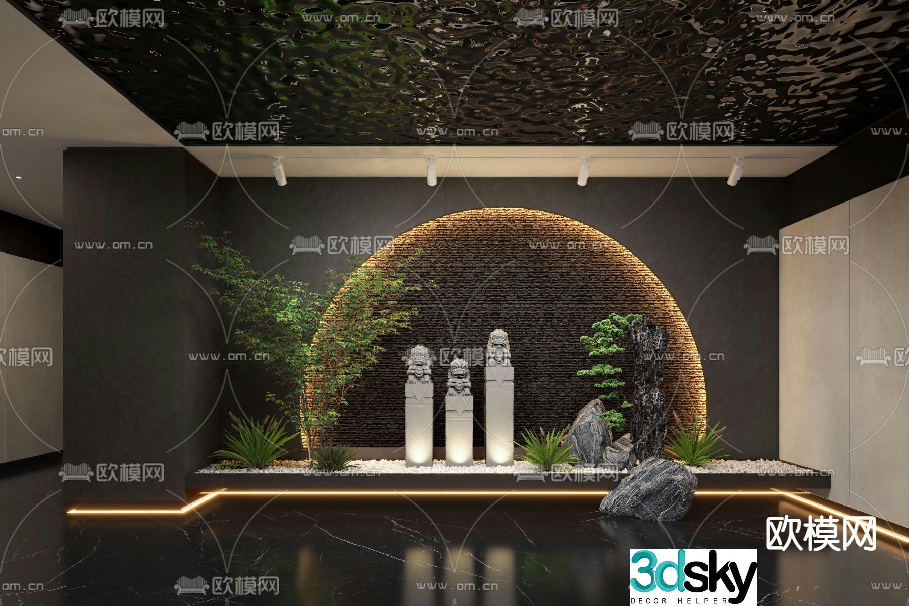 Landscape sketch stone lion sculpture green plants landscape stone 3D model