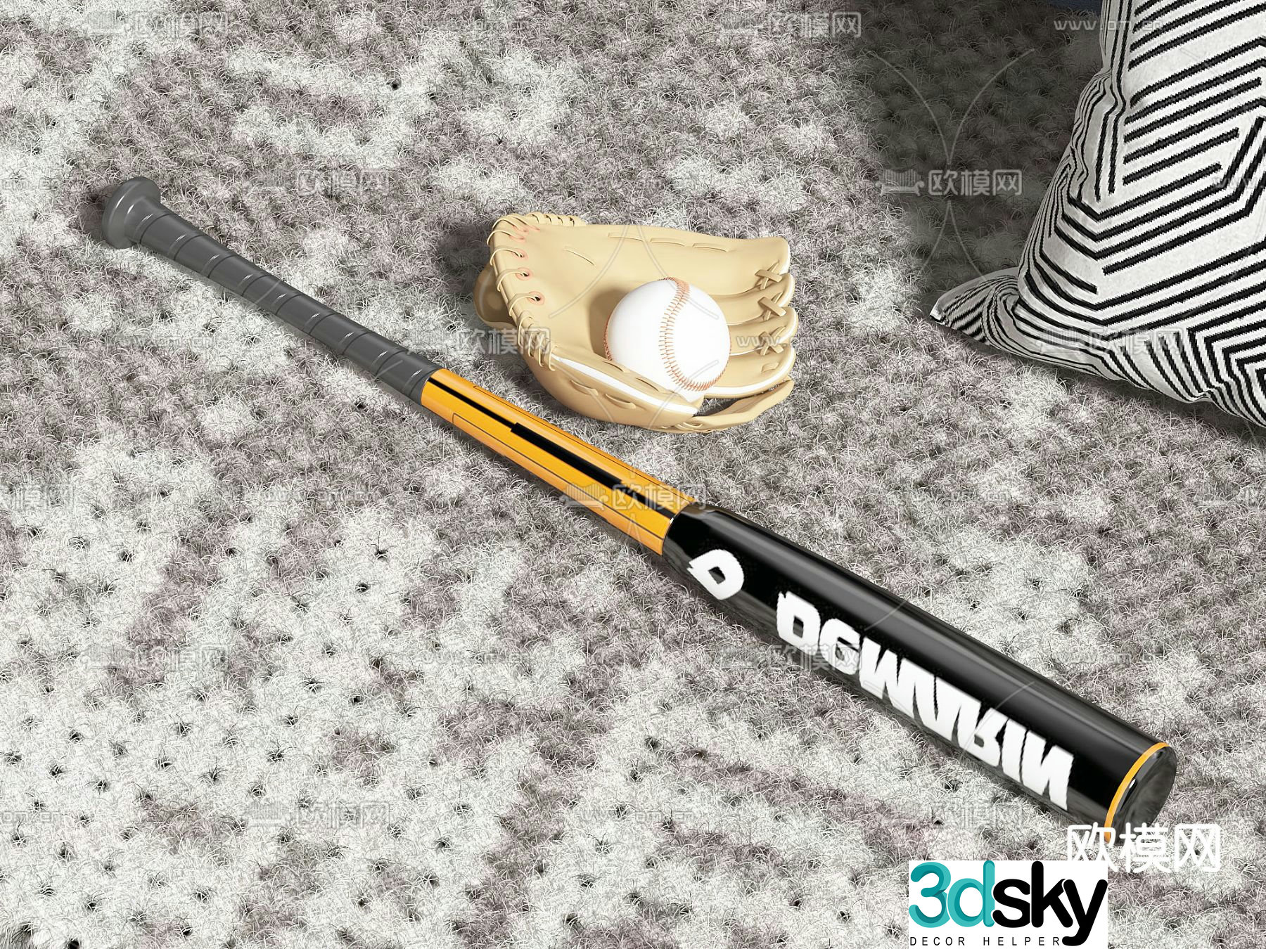 outdoor equipment baseball baseball bat baseball glove 3d model