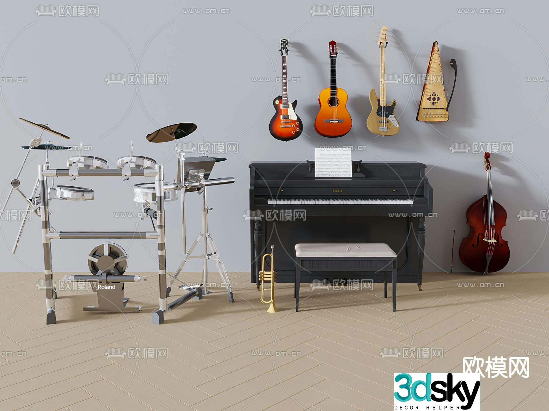 musical instrument piano guitar cello drum set trumpet 3d model