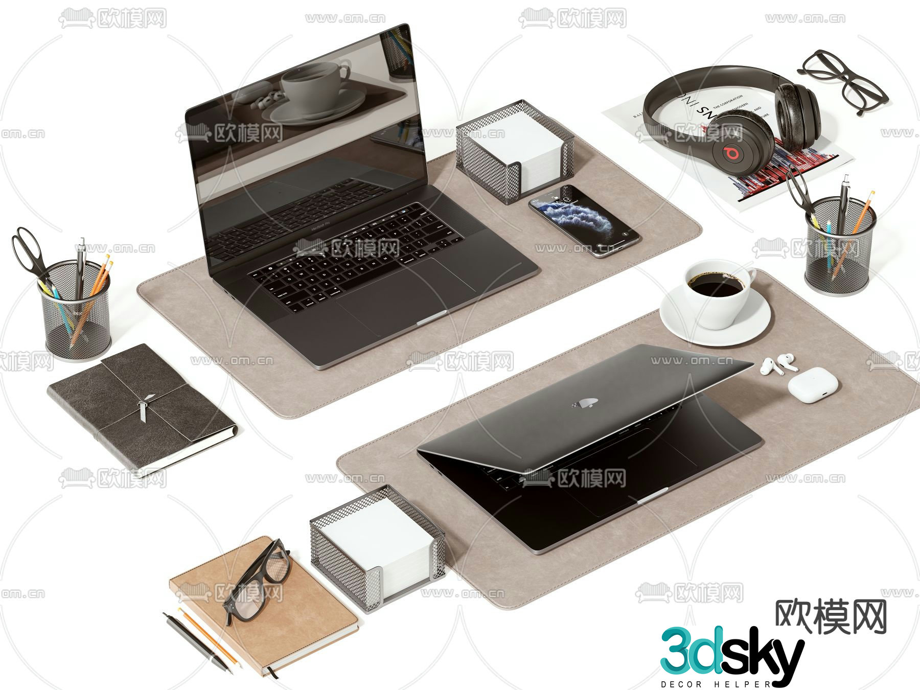 Desktop accessories laptop mobile phone 3d model