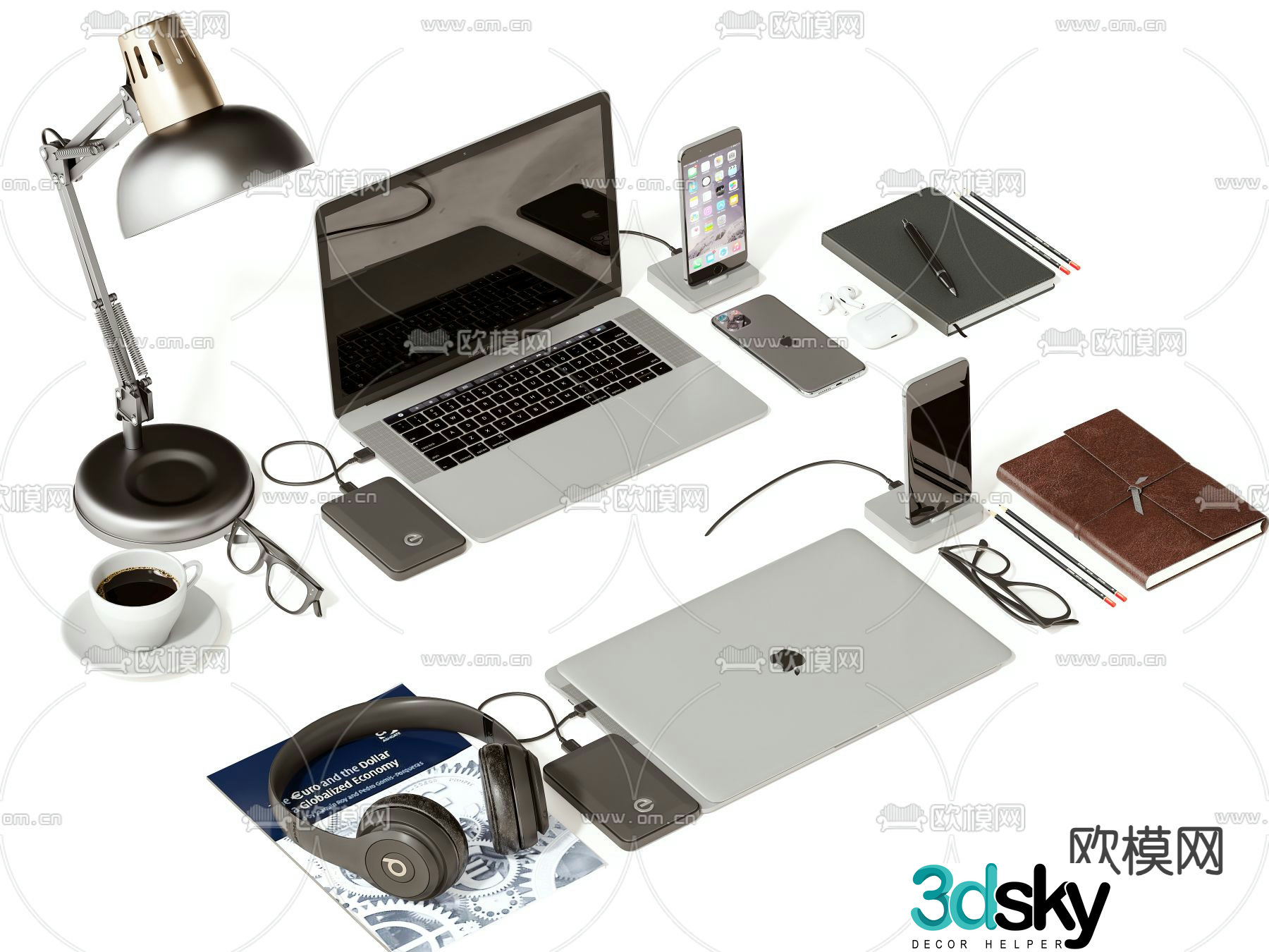office supplies computer headphones notebook 3d model