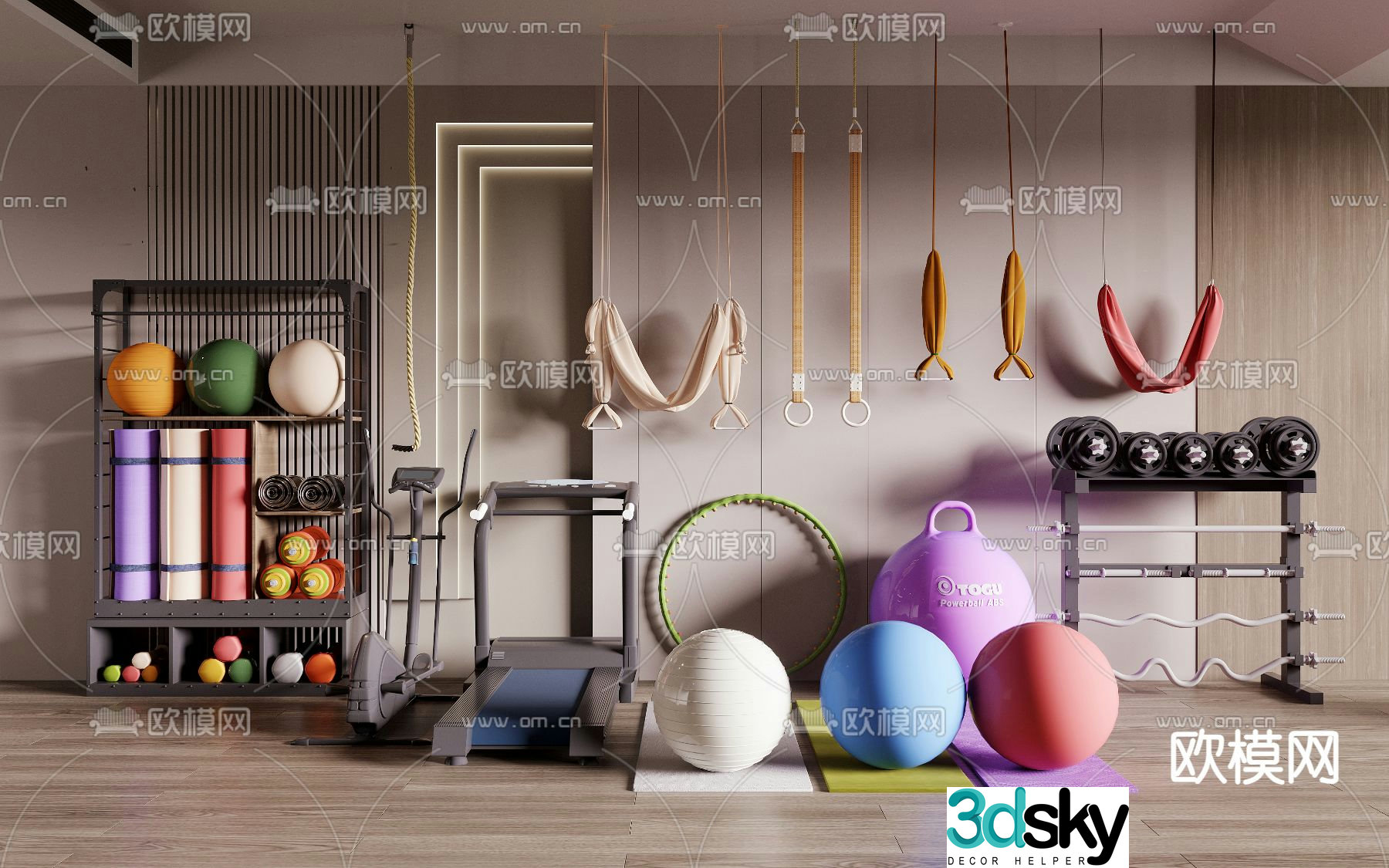 Fitness equipment yoga rope yoga ball treadmill dumbbell 3d model