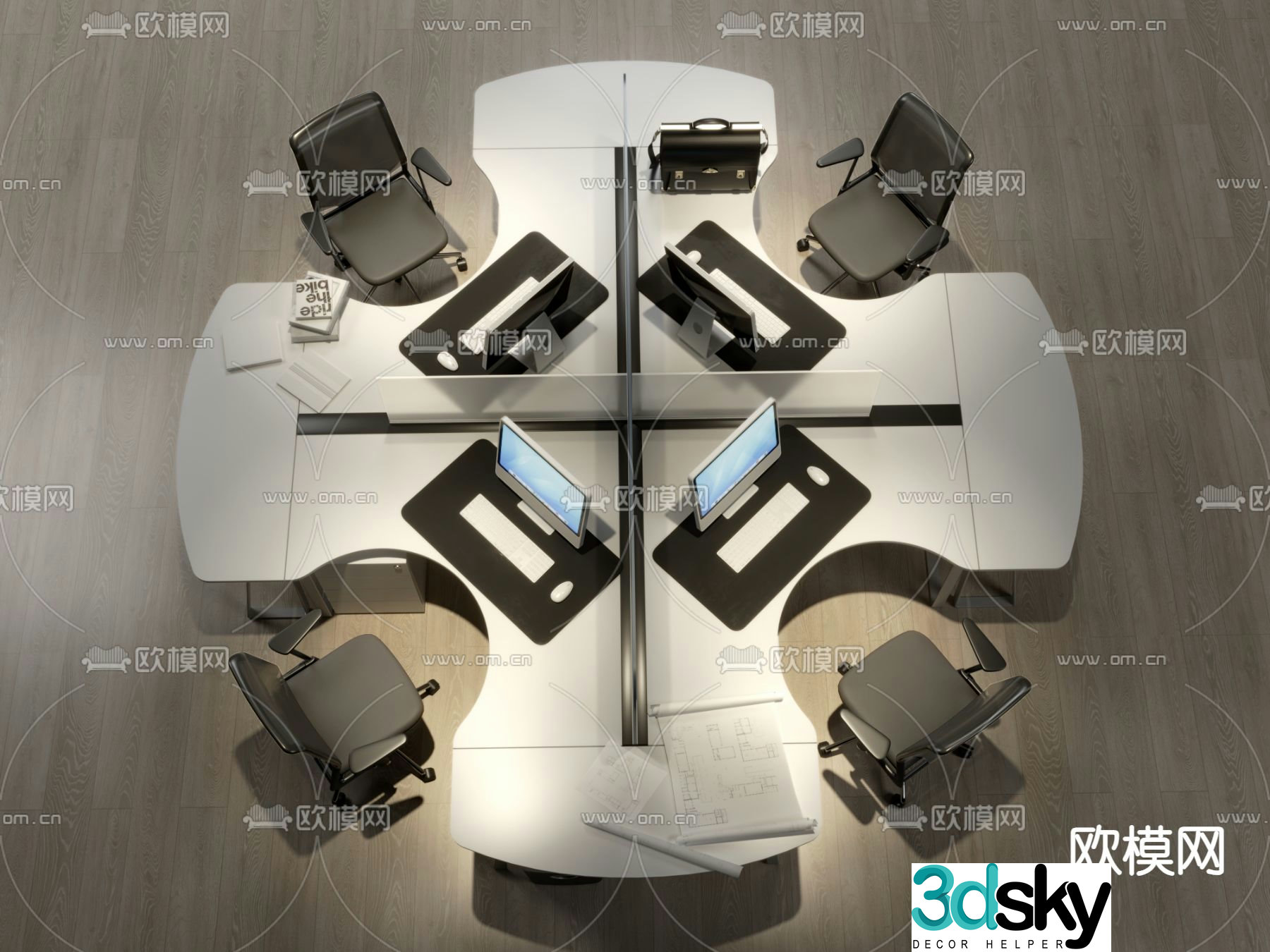 Card station desk four-person station 3D model