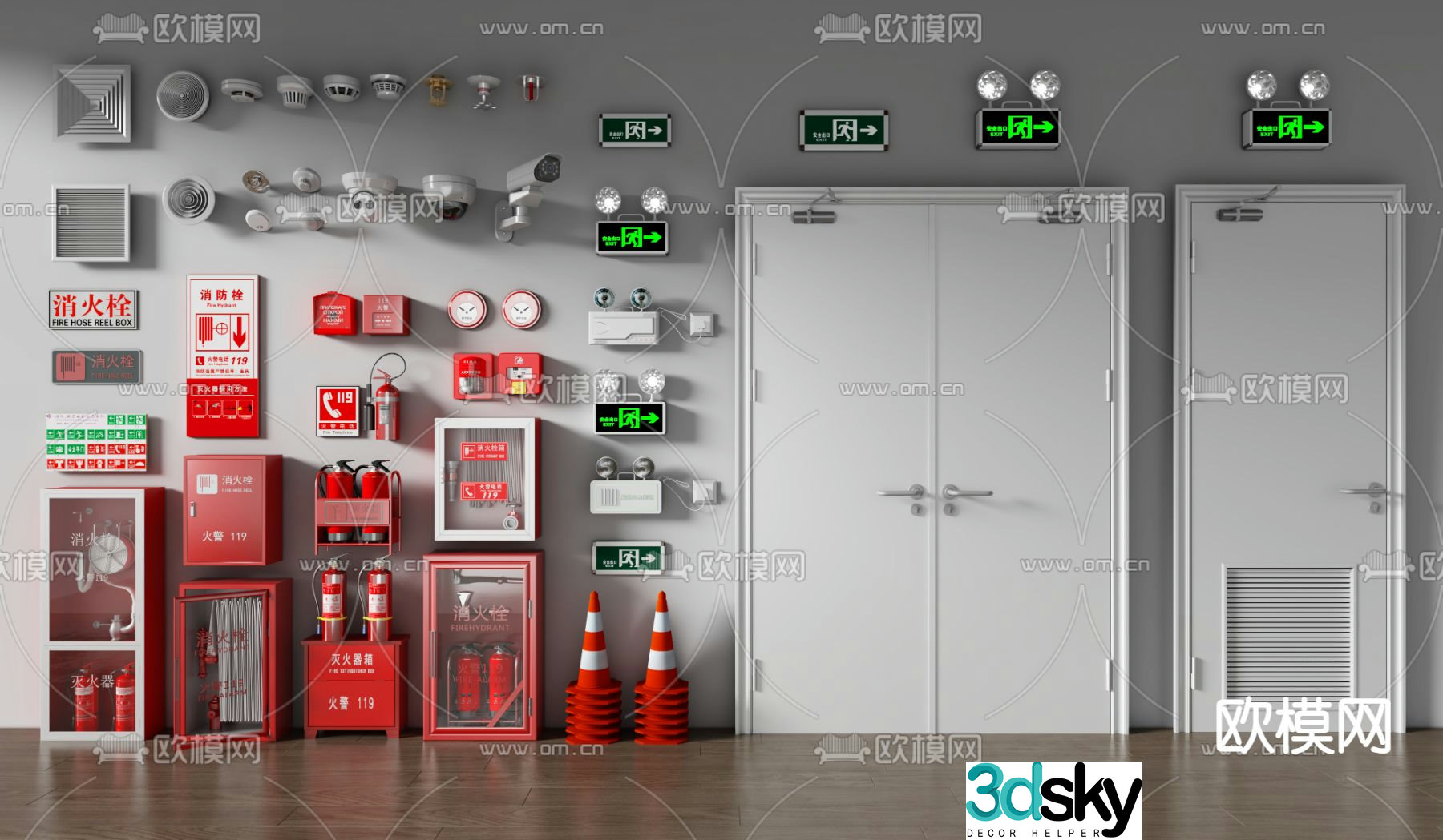 Fire equipment fire door fire hydrant emergency lighting 3d model