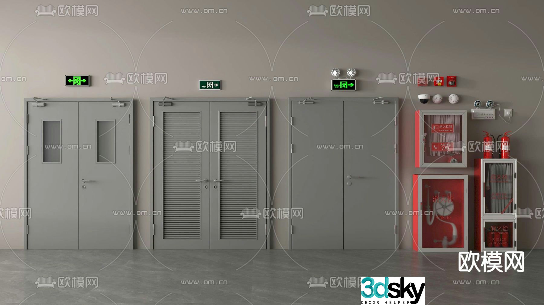 fire door fire door fire hydrant fire extinguisher emergency lighting 3d model