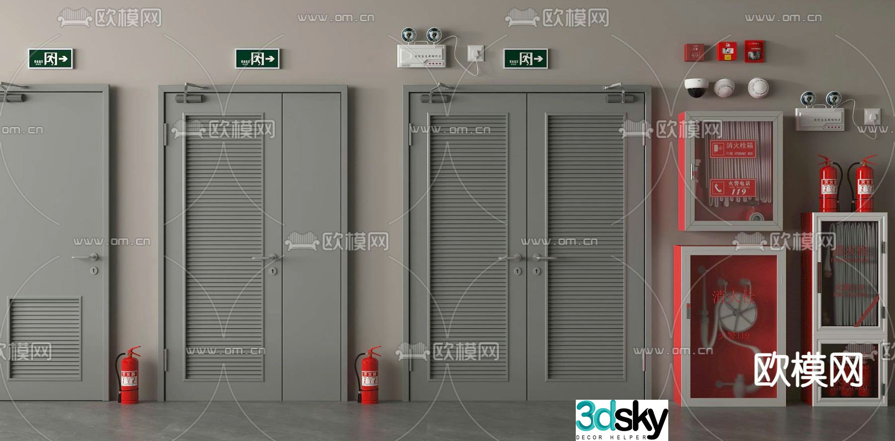 fire door fire door fire hydrant fire extinguisher emergency lighting 3d model