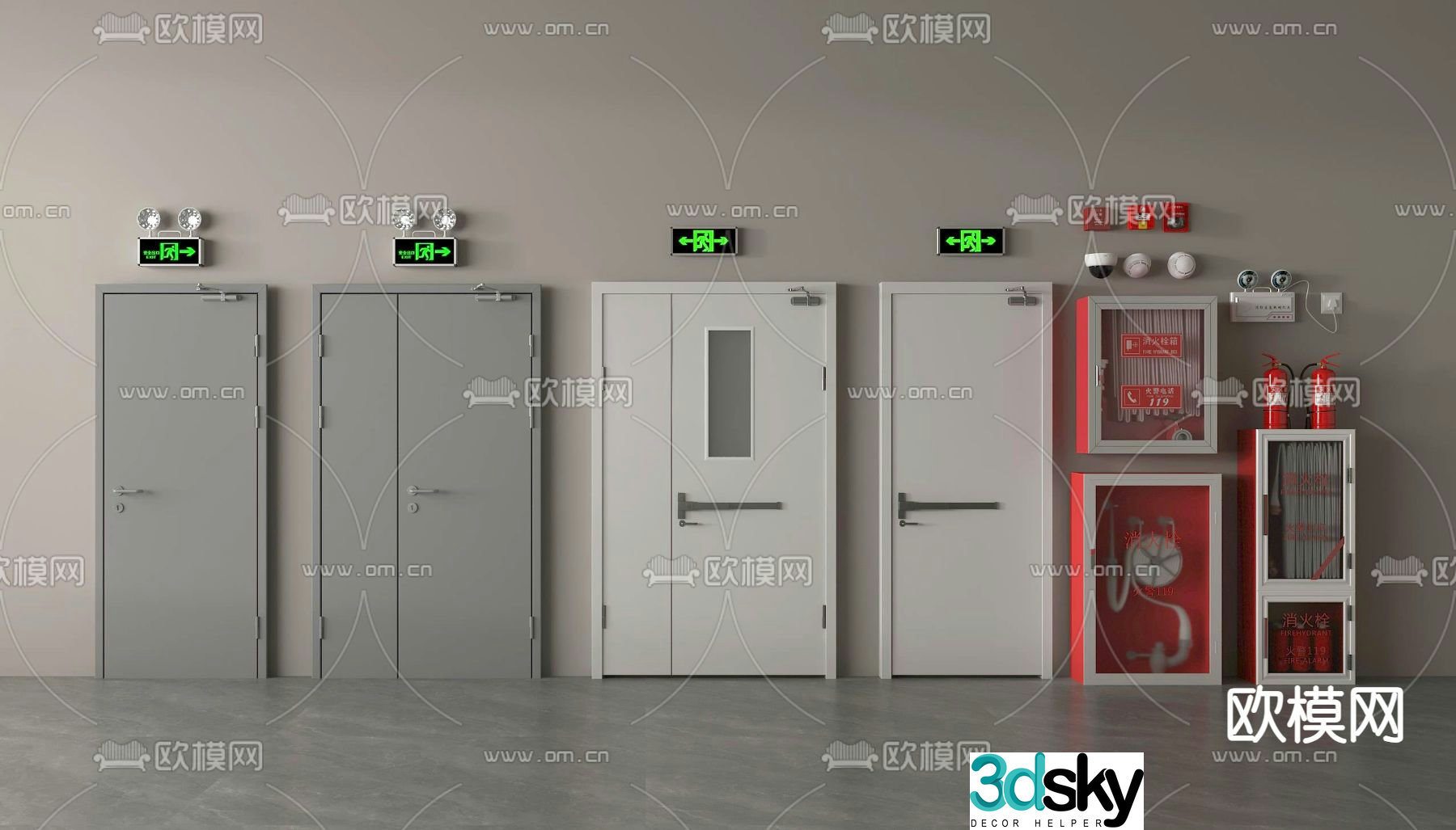 fire door fire door fire hydrant fire extinguisher emergency lighting 3d model