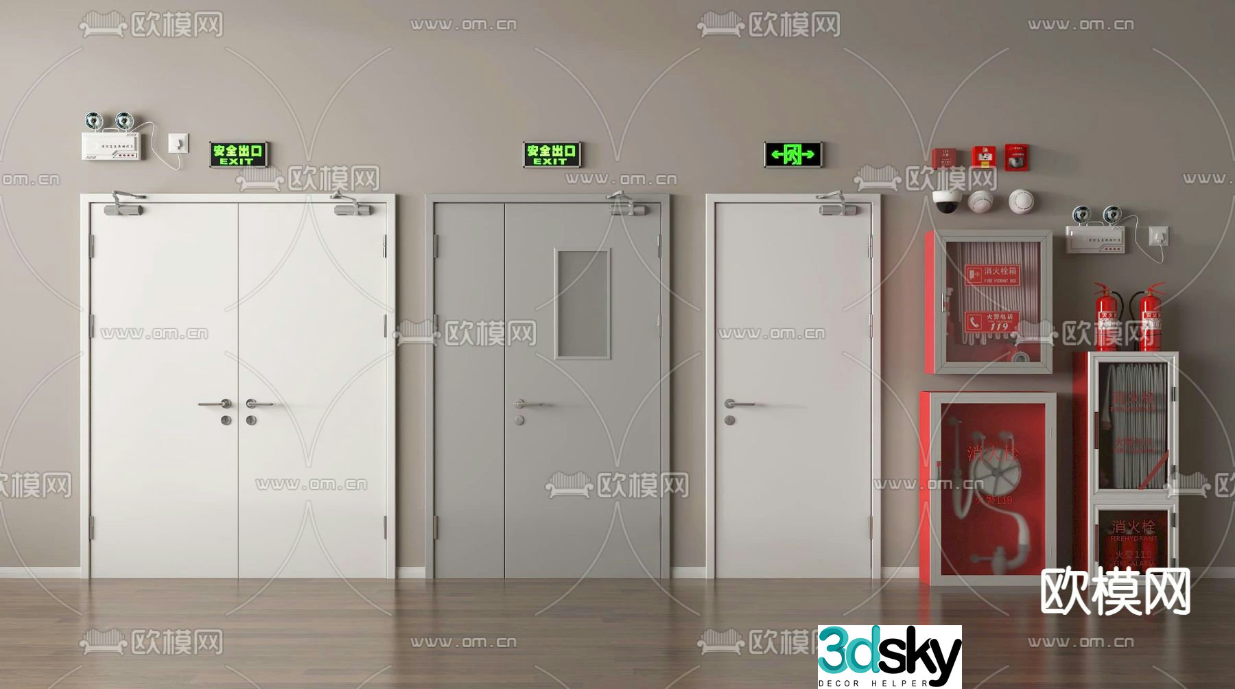 fire door fire door fire hydrant fire extinguisher emergency lighting 3d model