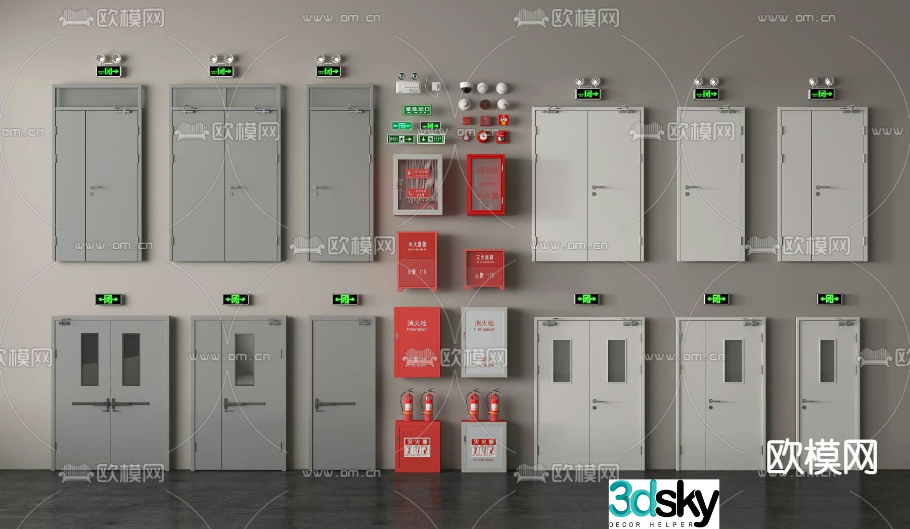 fire door fire door fire hydrant fire extinguisher emergency lighting 3d model