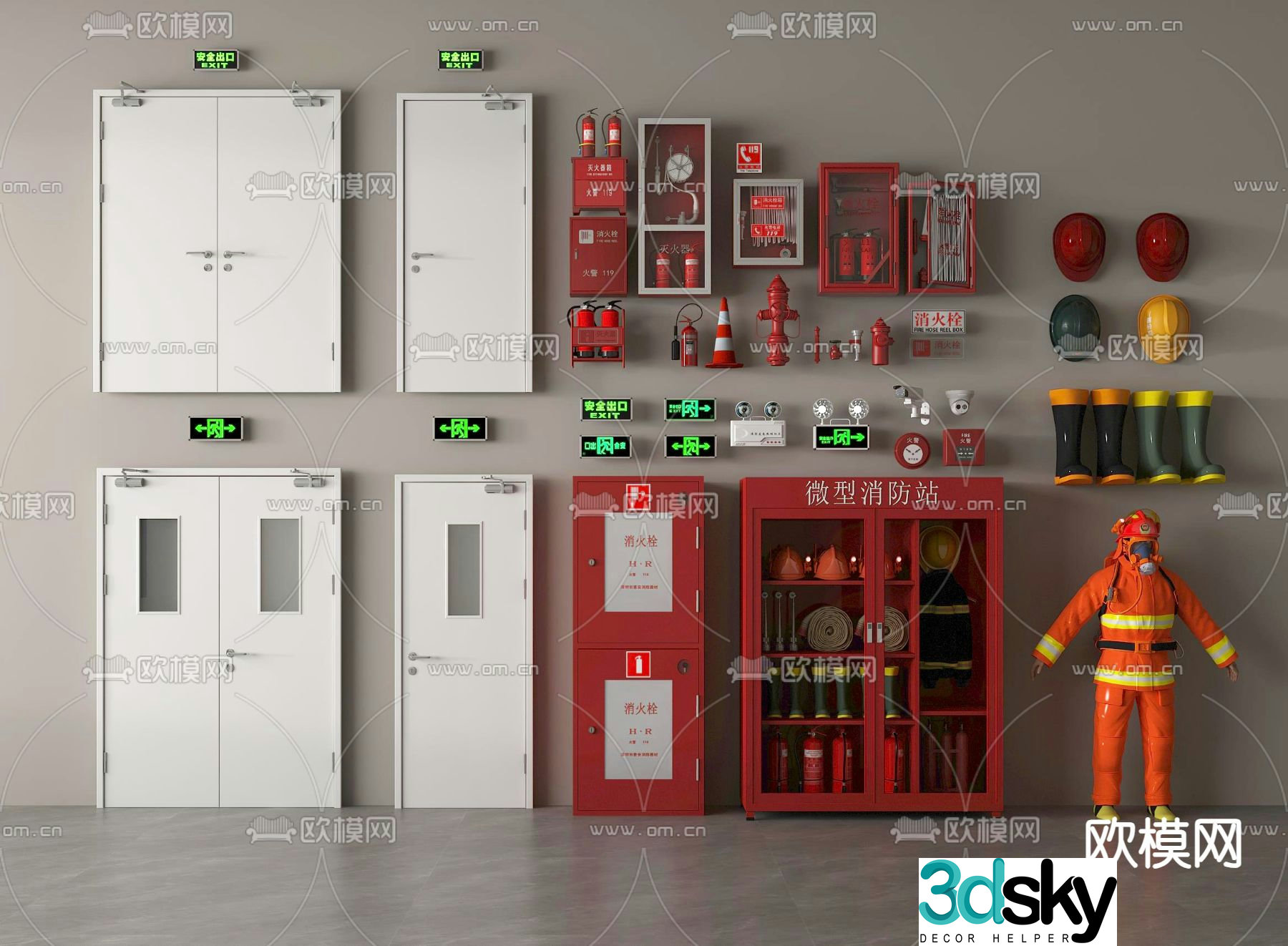 Fire equipment fire hydrant fire extinguisher sign fire door emergency lighting 3d model