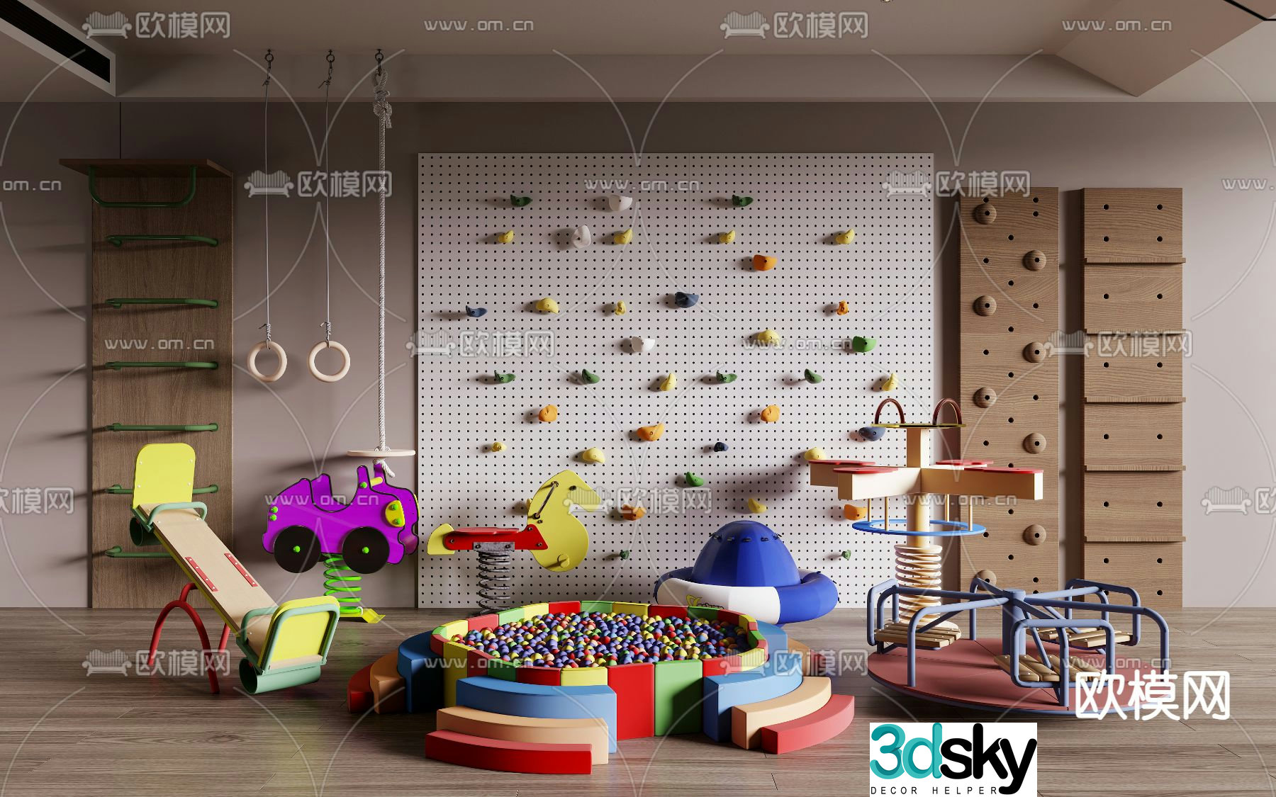 Children's climbing wall, rocking car, children's bubble pool 3D model