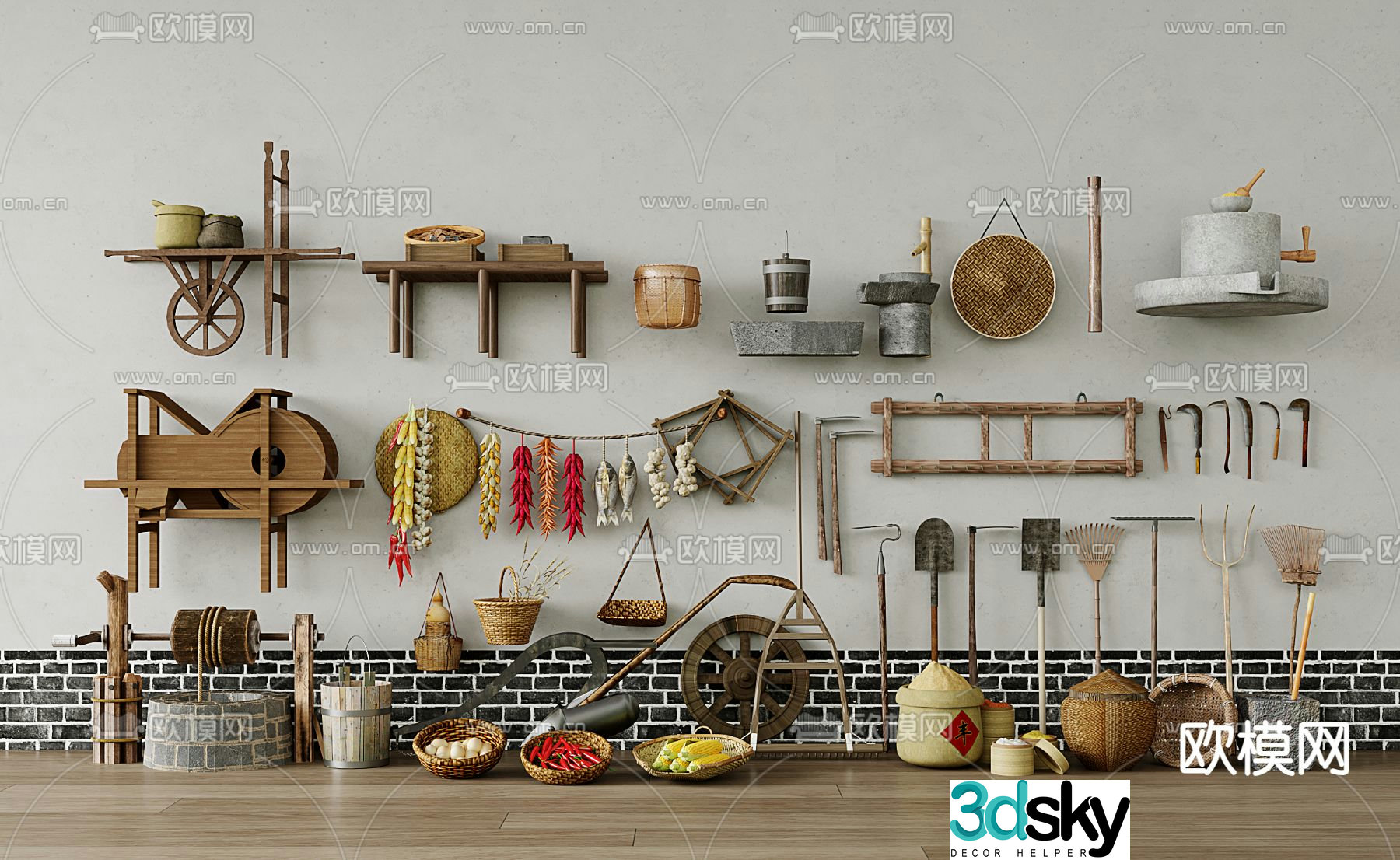 Chinese farm tools sketch well bucket stone mill rake 3D model of agricultural products