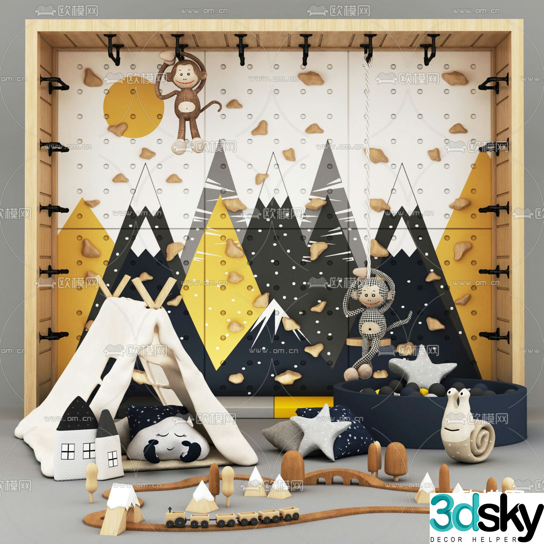 Amusement facilities, small train, ocean pool, climbing wall, tent 3D model