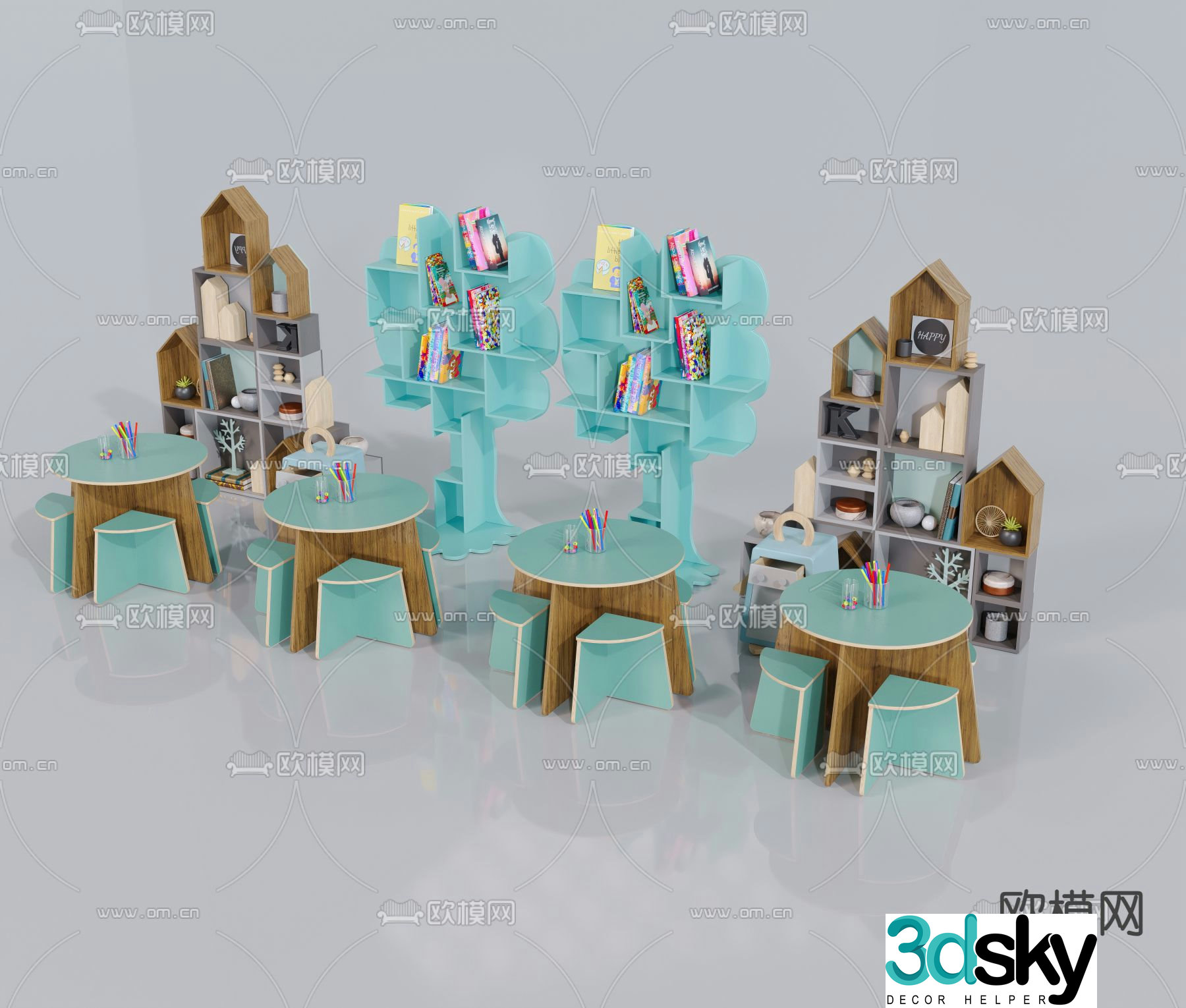 Children’s table and chair cartoon bookshelf 3d model