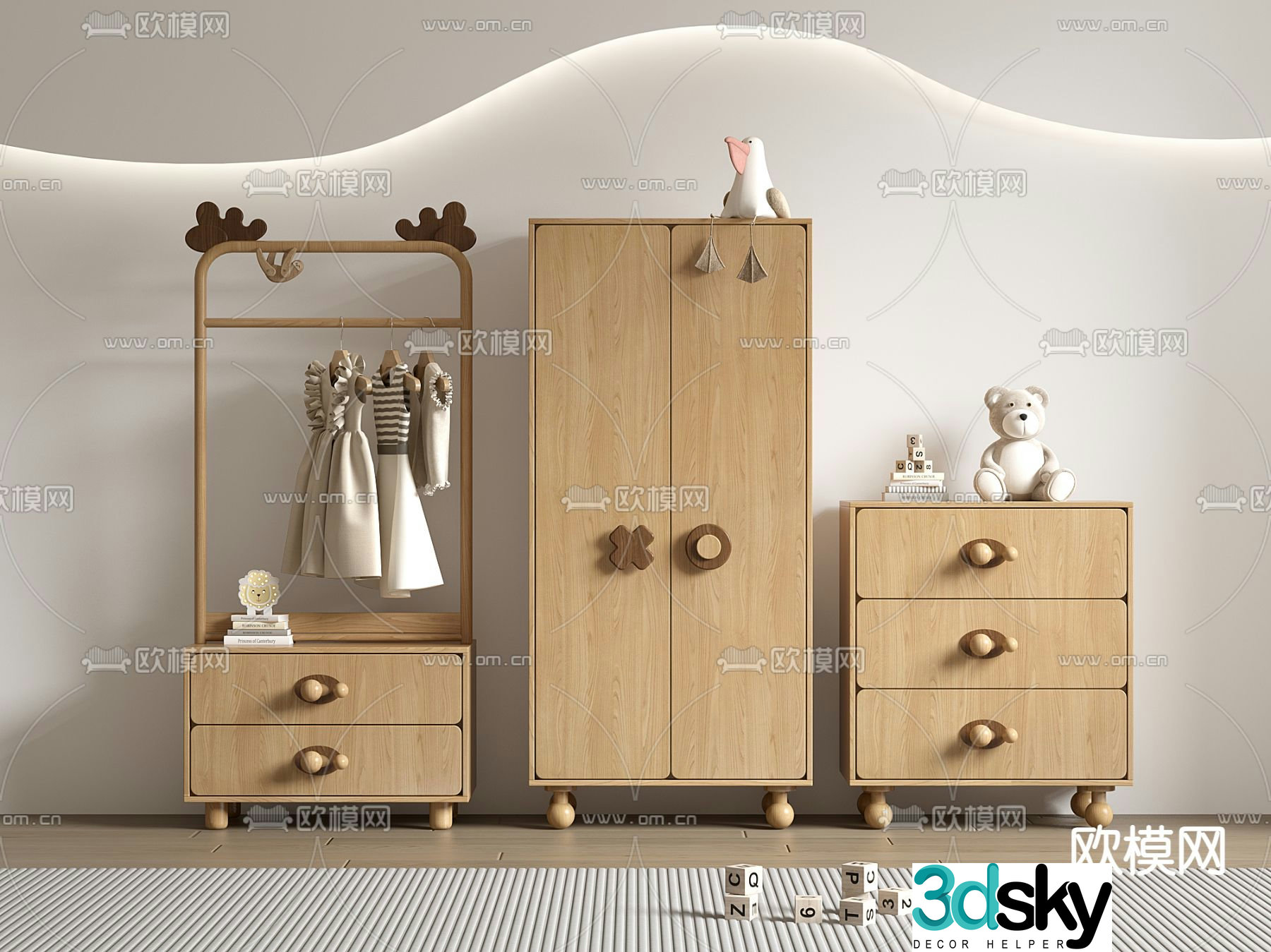 Children’s Wardrobe Clothes Rack Storage Cabinet 3D Model