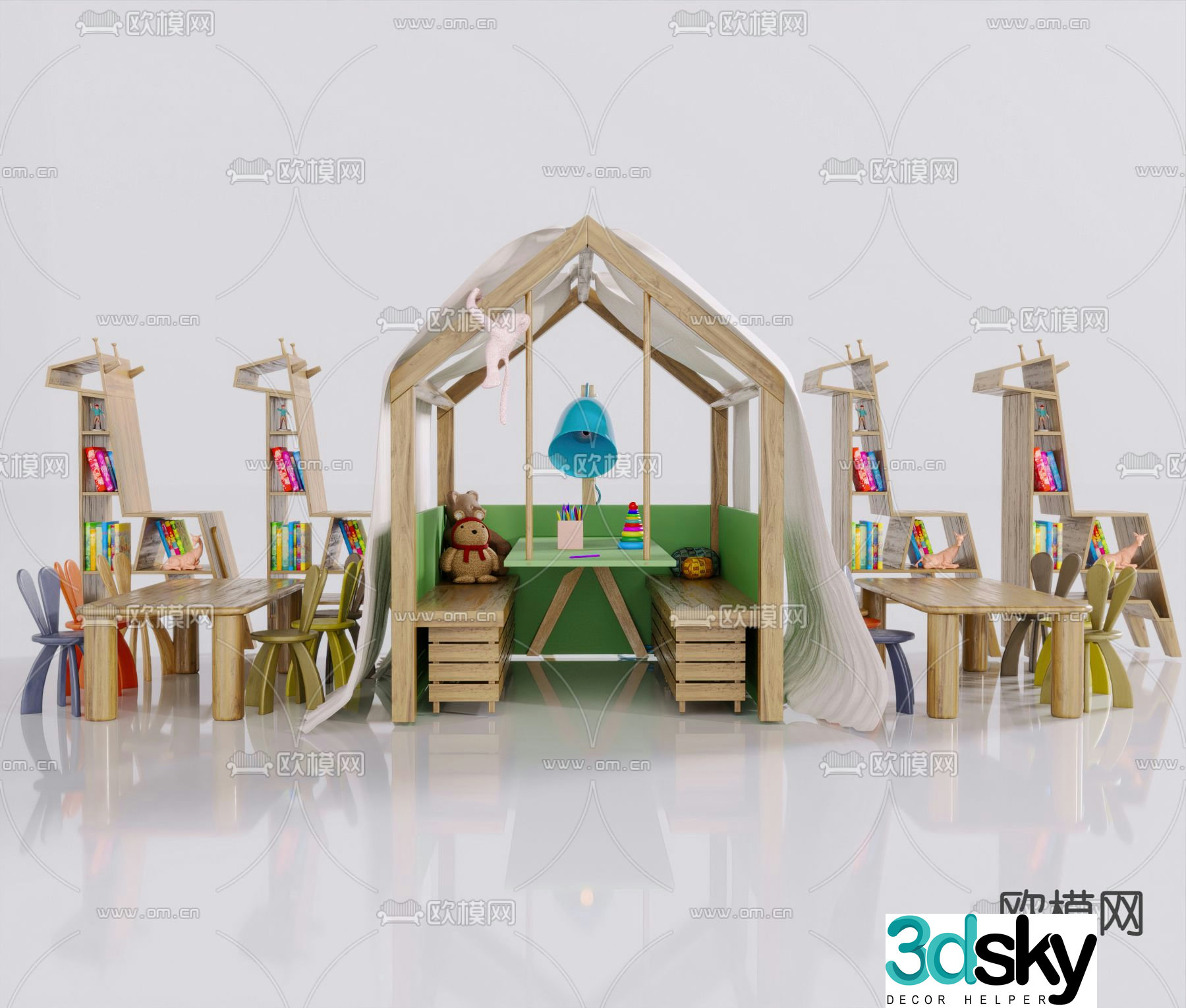Children’s table and chair cartoon bookshelf 3d model