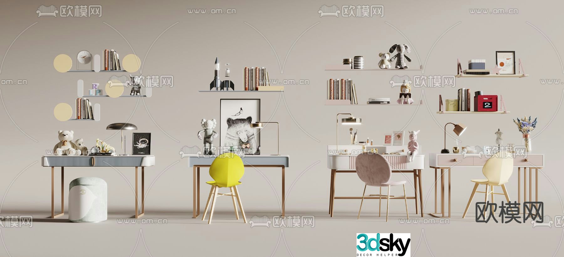 Nordic desk children’s table and chair writing desk 3d model