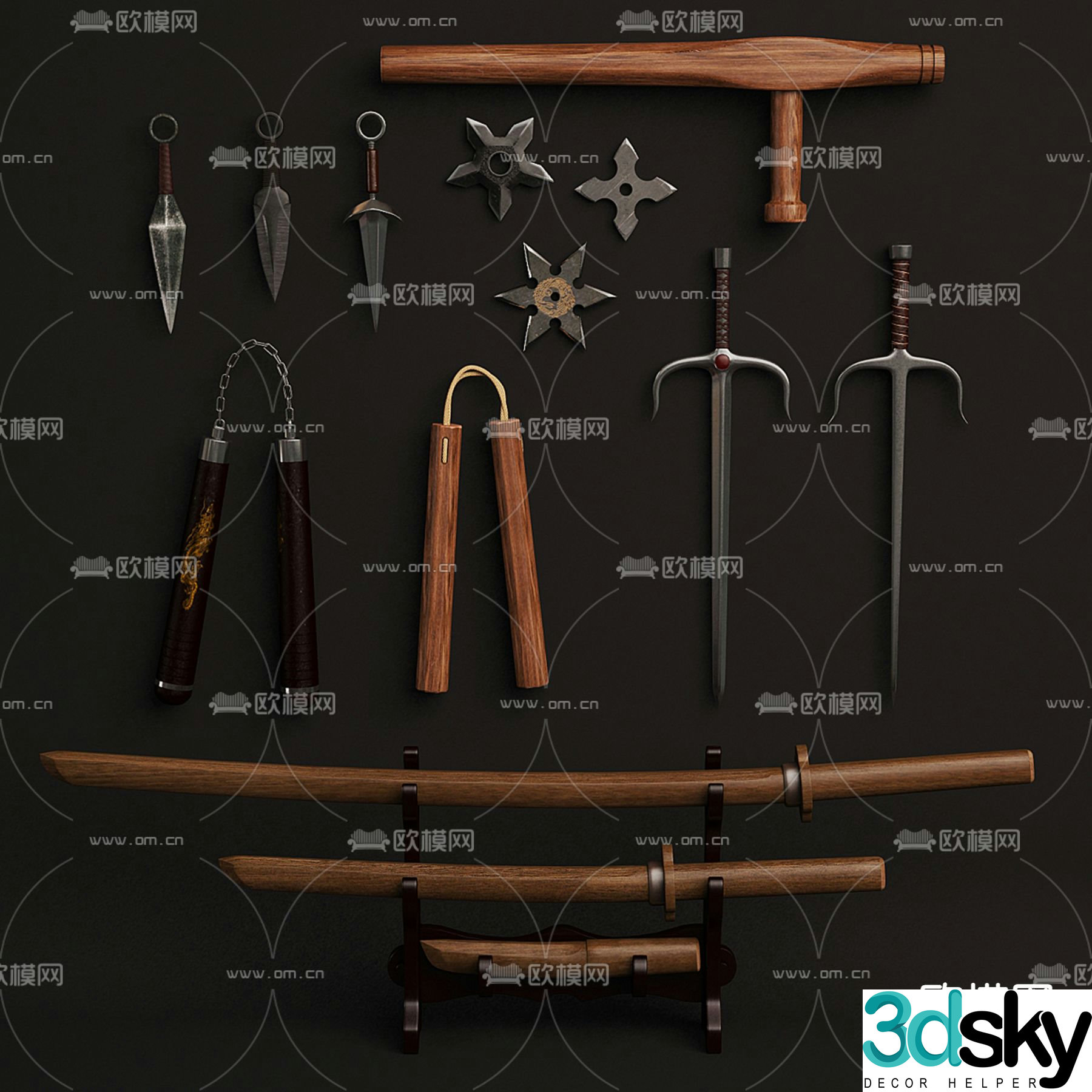 Weapons darts nunchaku saber sword 3d model