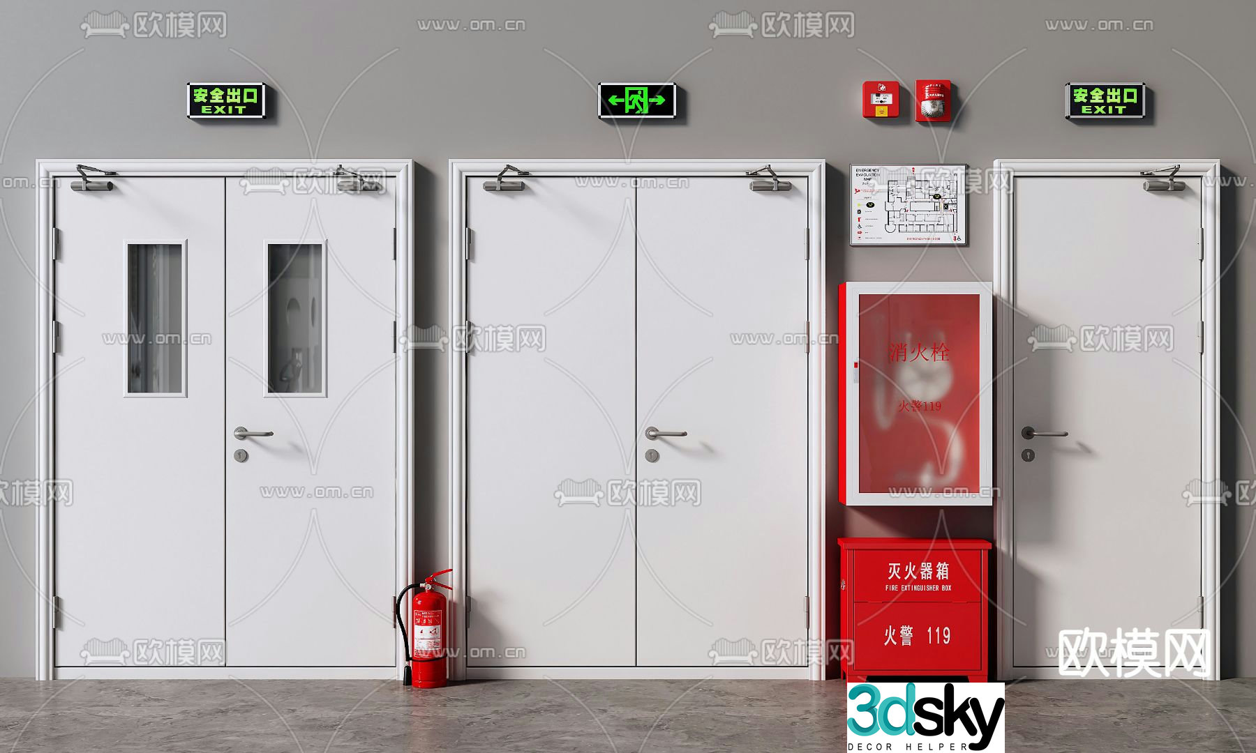 Fire facilities fire door fire extinguisher fire hydrant safety exit 3d model