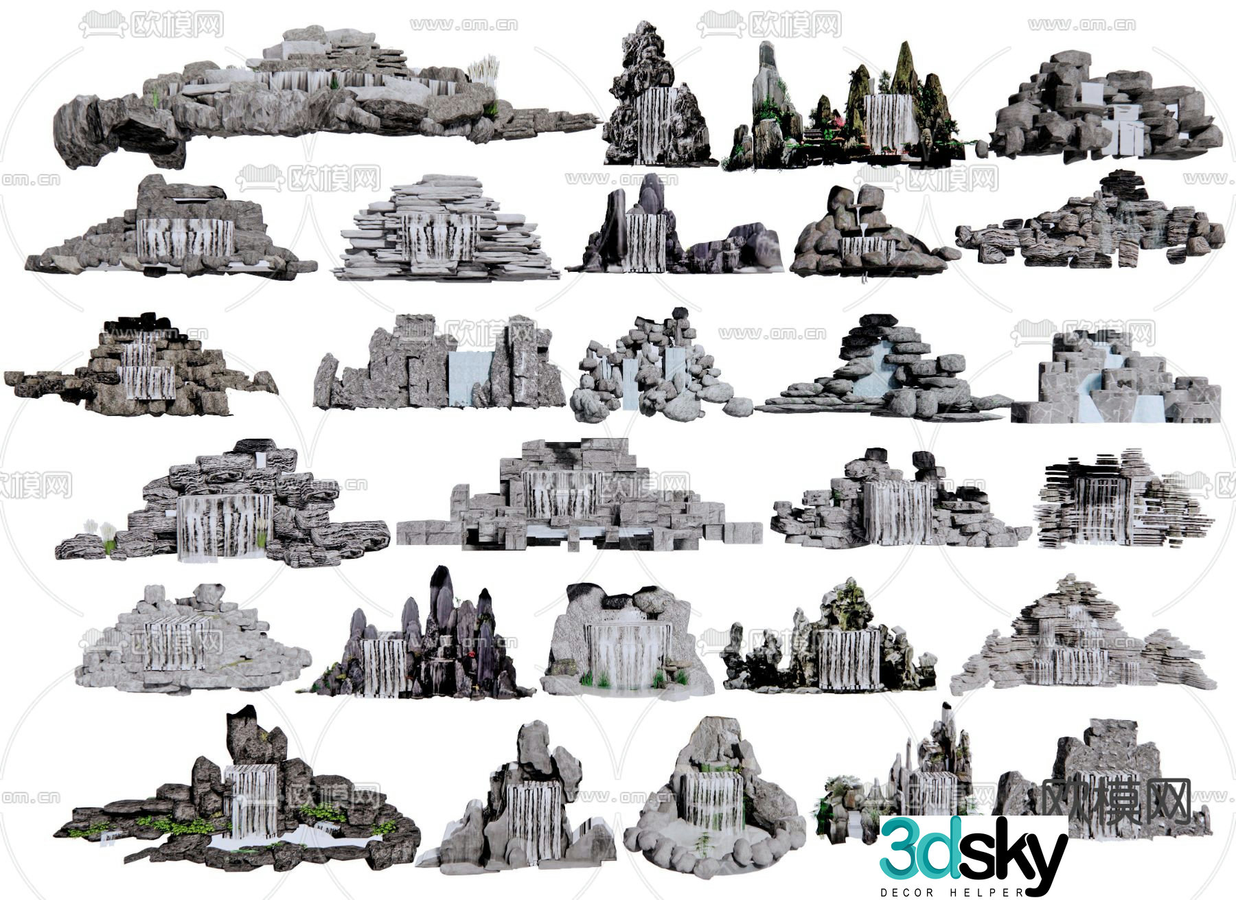 Chinese rockery falling water feature landscape stone 3D model