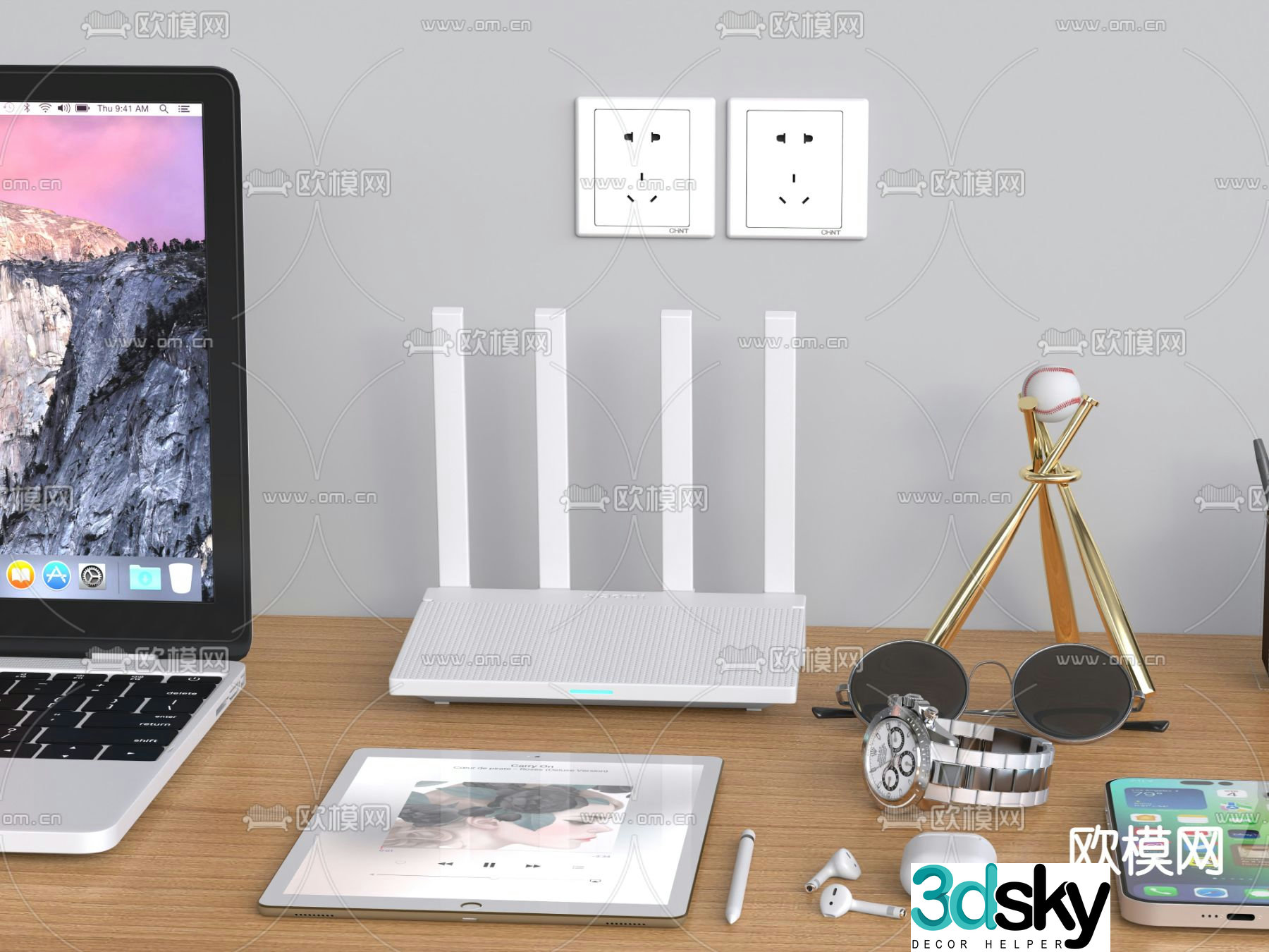 office supplies router computer mobile phone baseball tablet watch headphone 3d model
