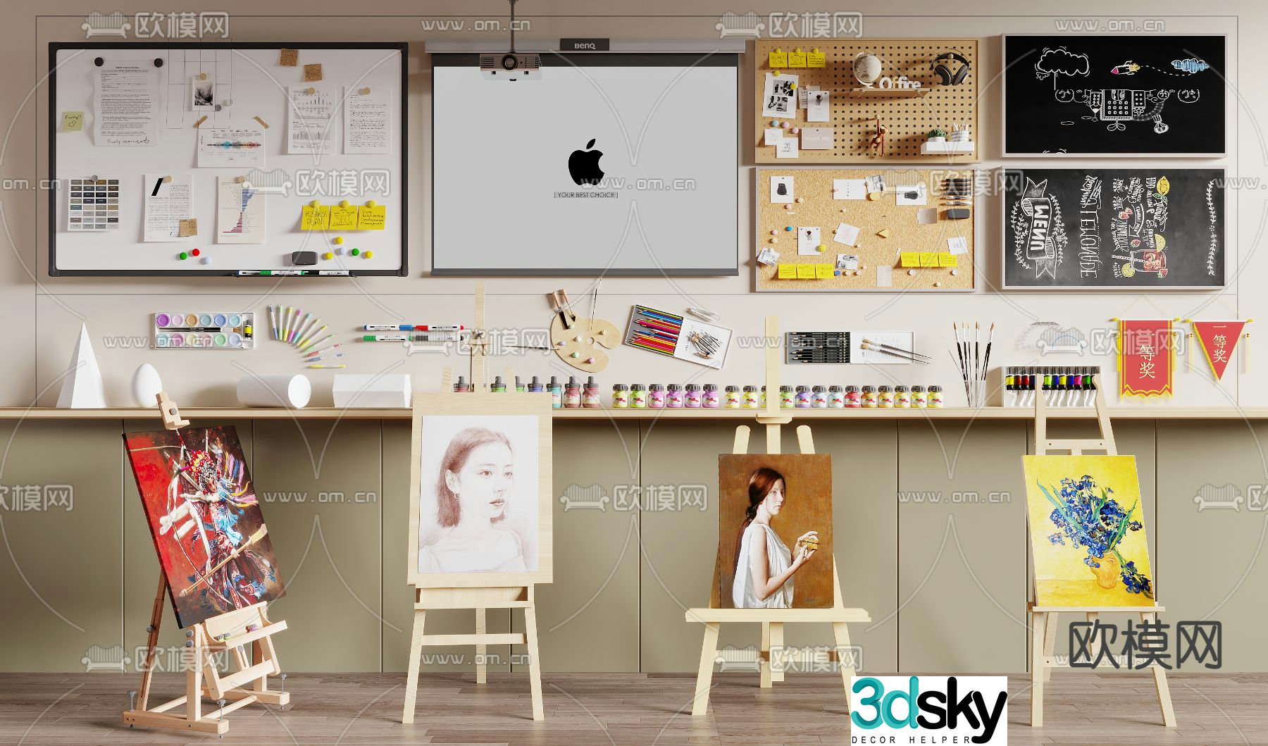 Art drawing board easel paint brush whiteboard projection screen 3d model