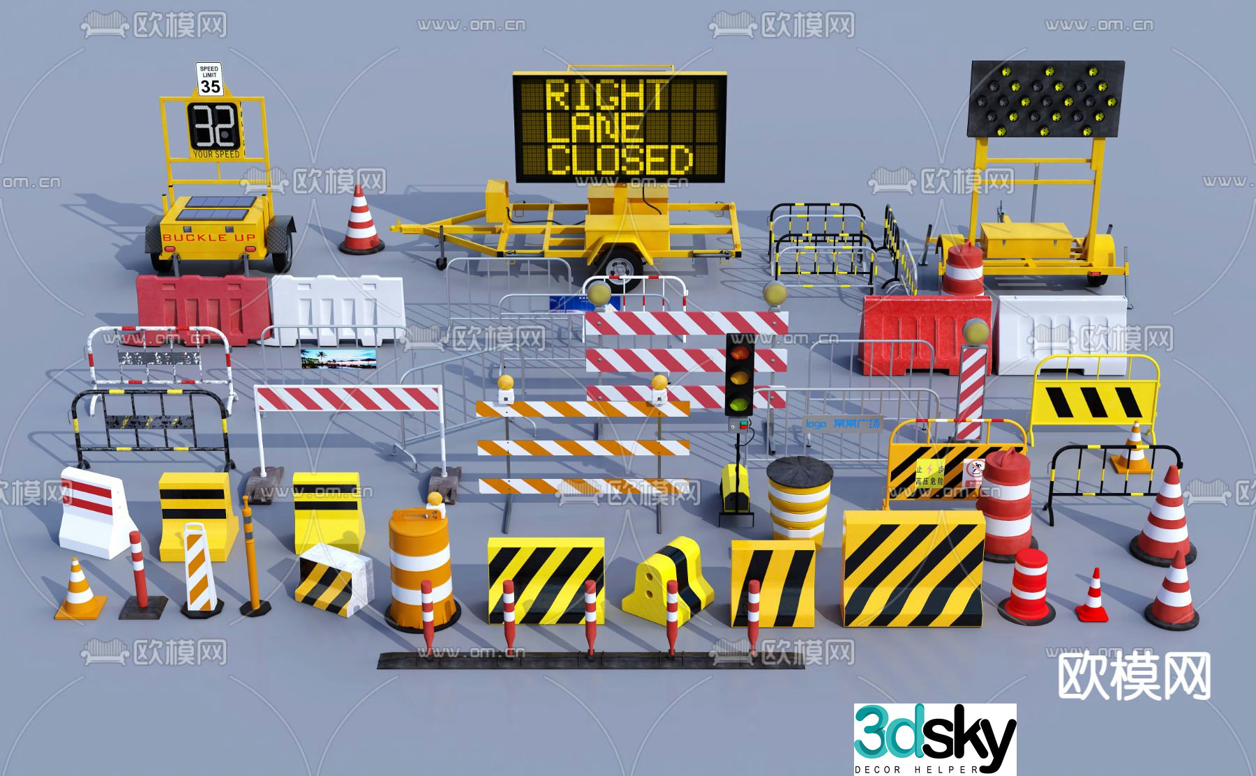 Roadblock, guardrail, warning sign, traffic light, conical barrel 3D model