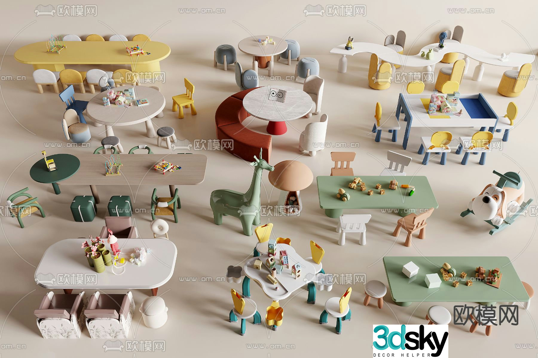 Children’s tables and chairs Lego brick tables game tables and chairs 3D model