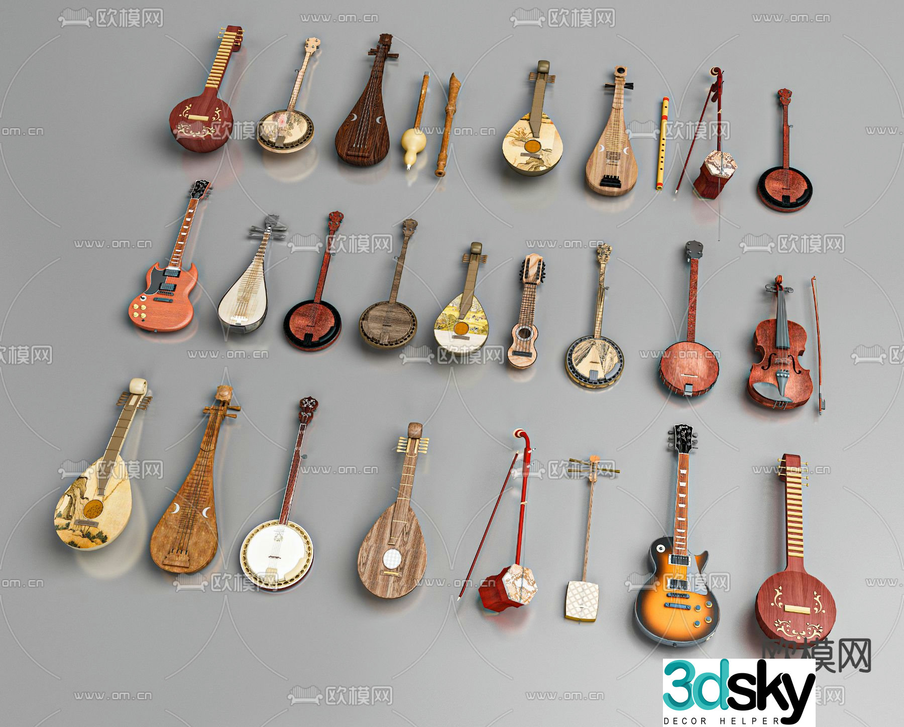 Chinese musical instrument pipa huqin erhu 3d model