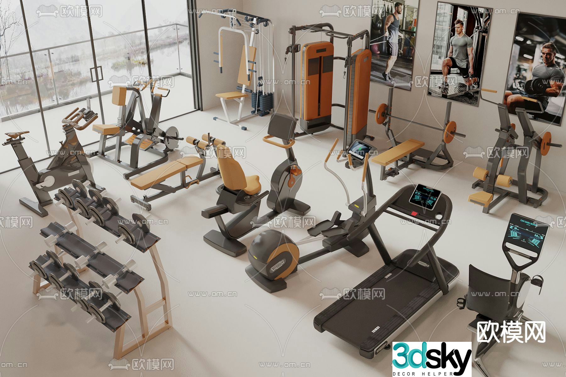 Fitness equipment treadmill dumbbell spinning 3d model