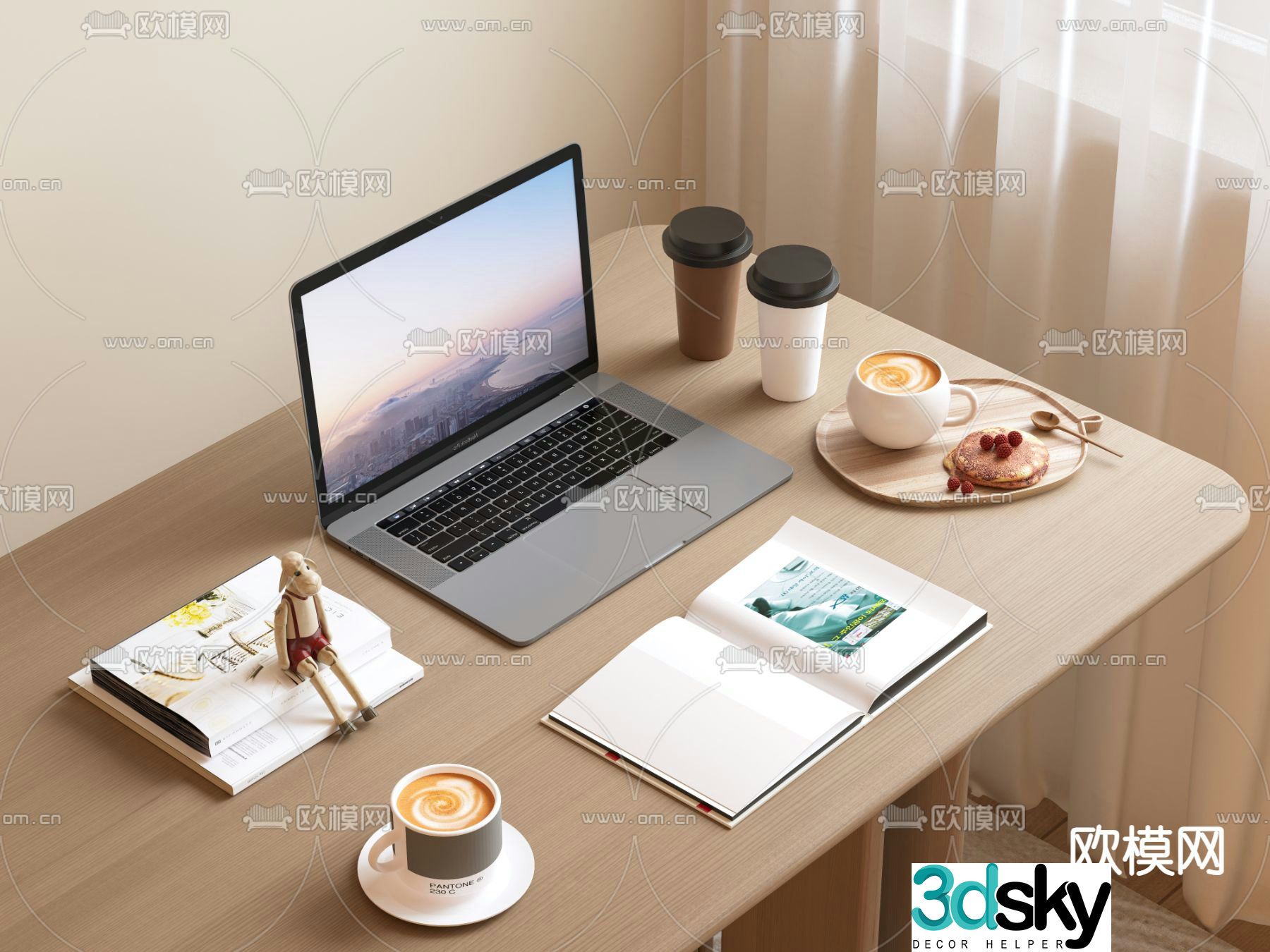 office supplies coffee books laptop 3d model