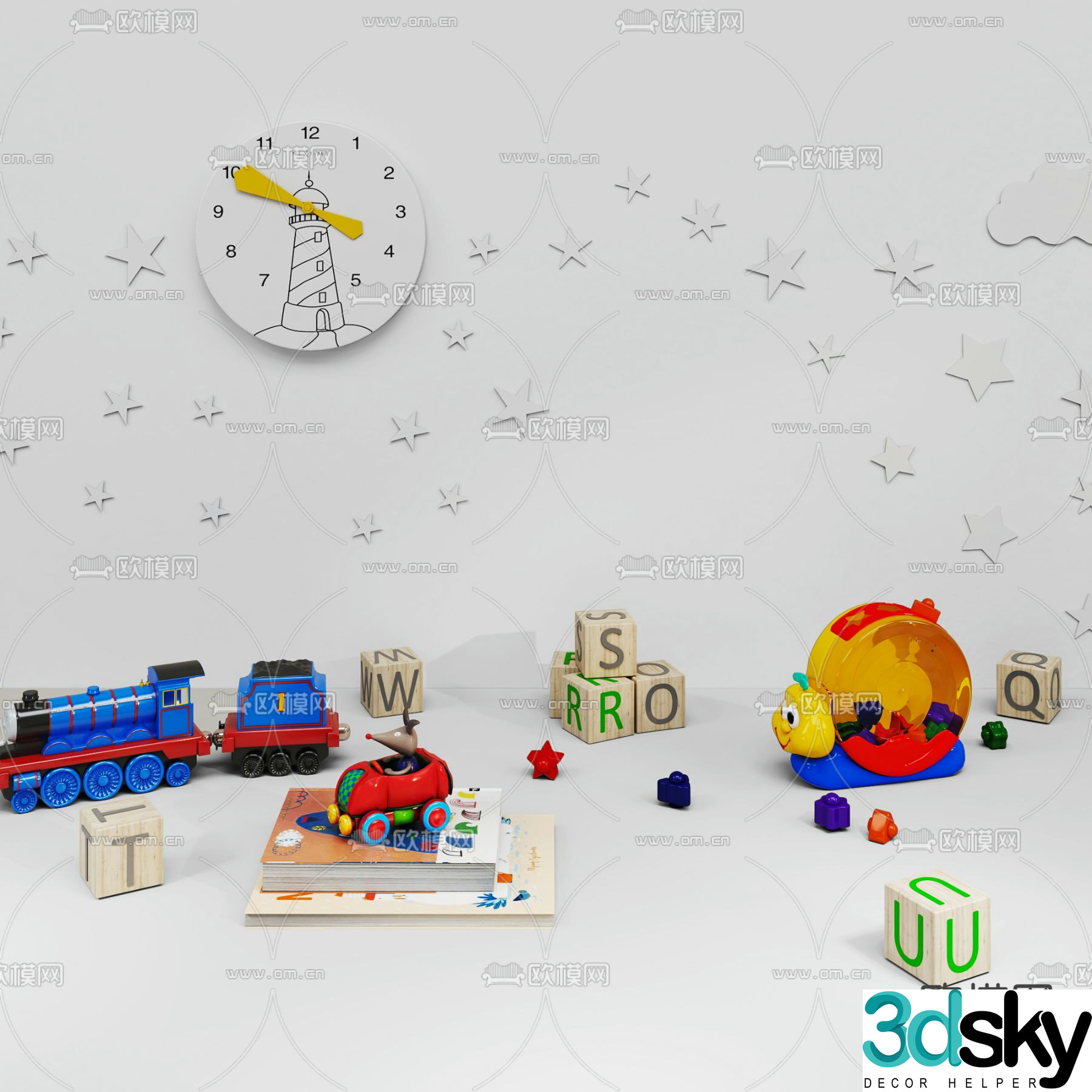 Building block toys cartoon cars children’s books clock 3d model