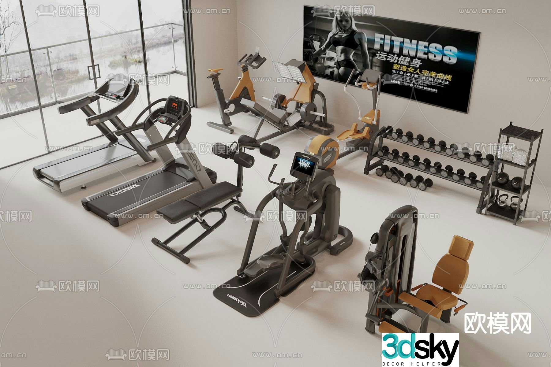 fitness equipment dumbbell treadmill 3d model