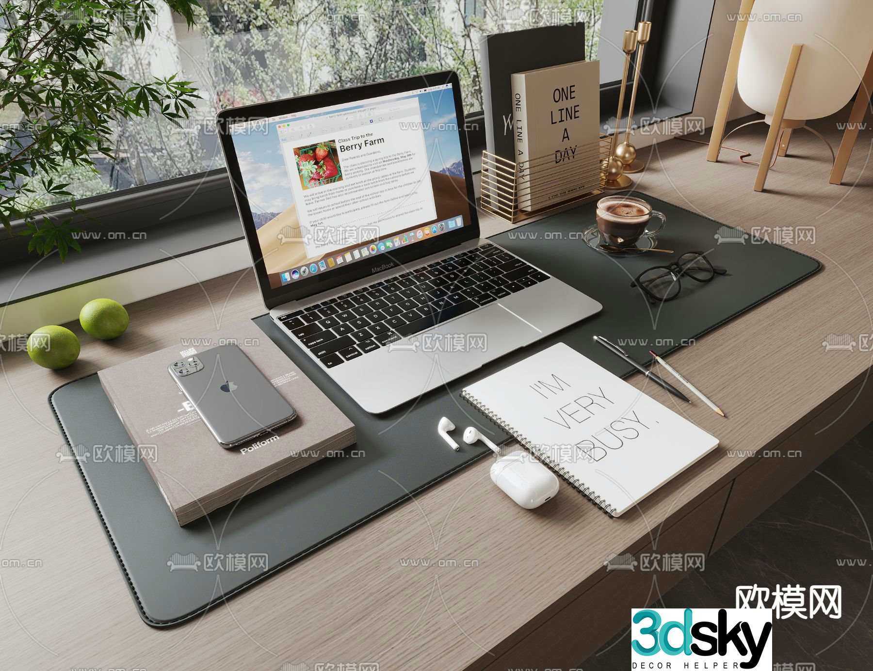 Office supplies laptop mobile phone books desk lamp 3d model
