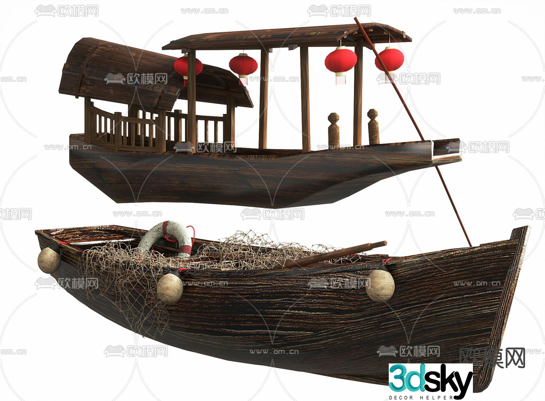 New Chinese style wooden boat fishing boat wooden boat 3d model