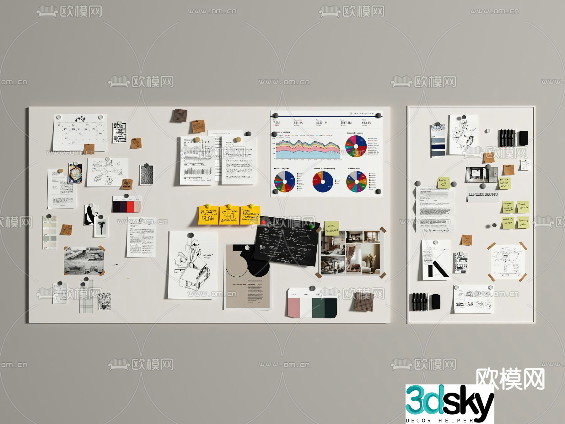 Office whiteboard note board message board 3d model