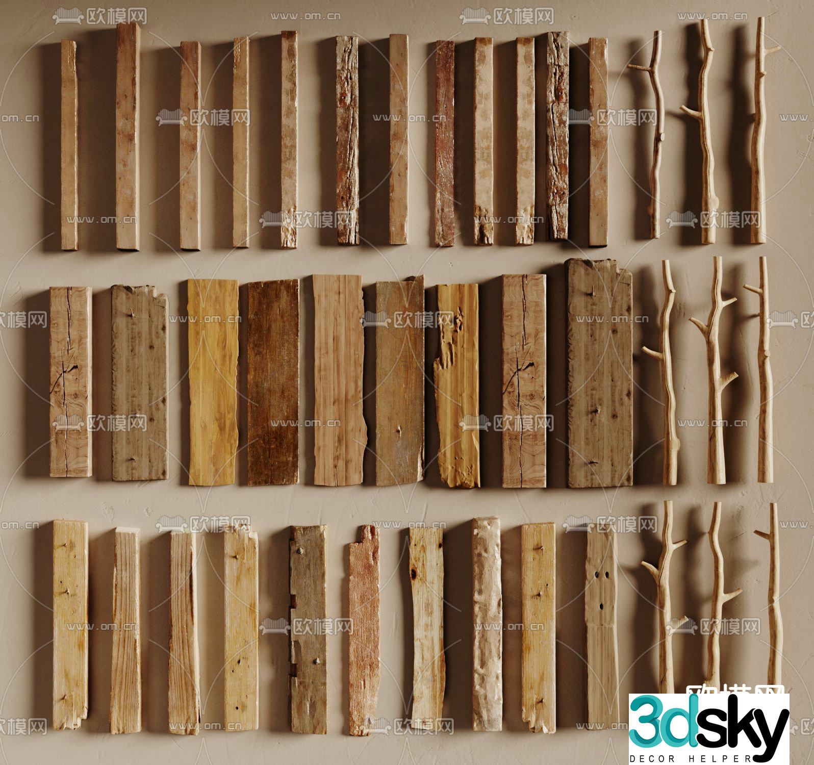 New Chinese style old wooden planks old wood wooden strips tree branches 3D model