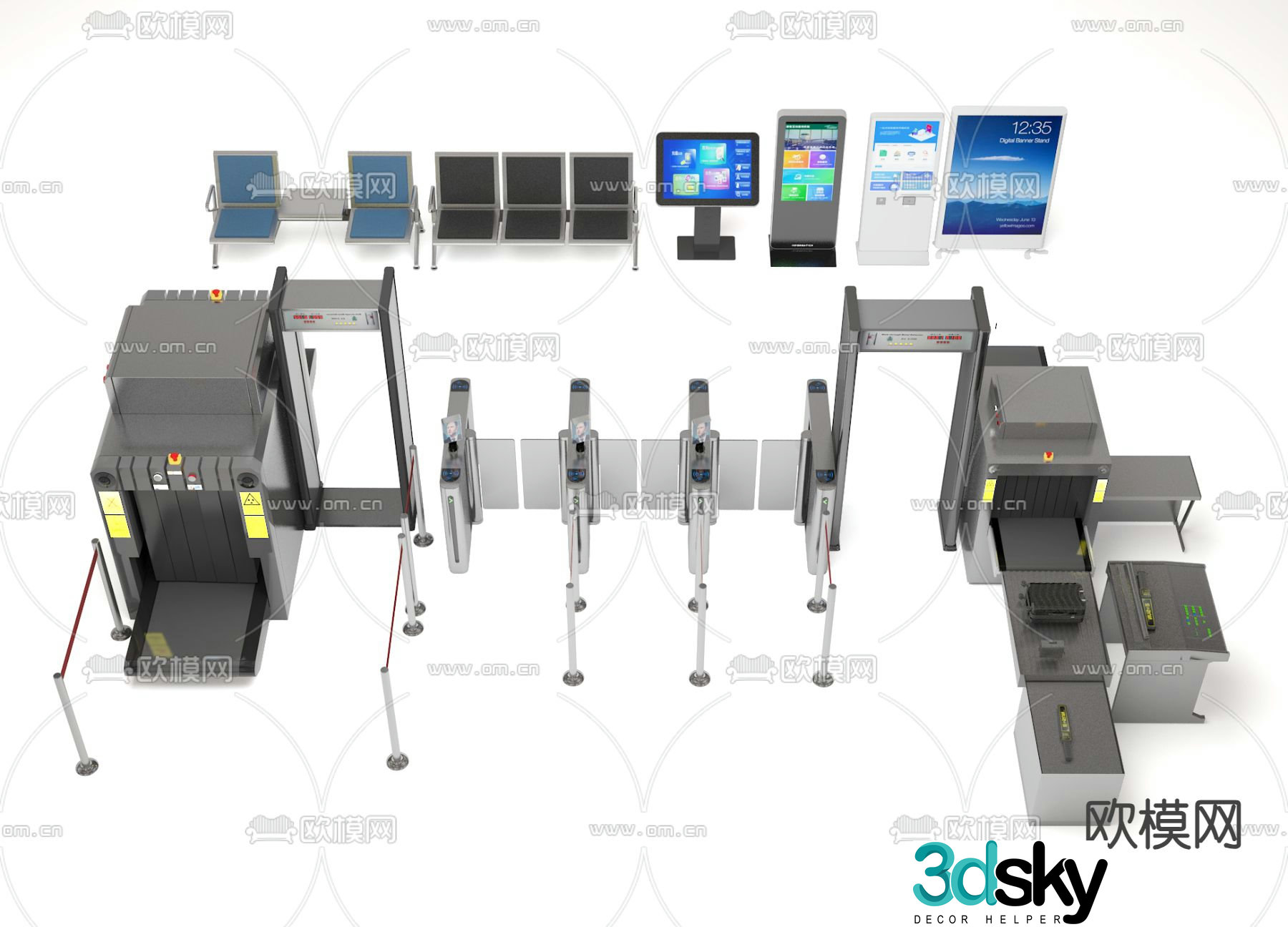 Security checkpoint, security check machine, public seat, number calling machine 3D model