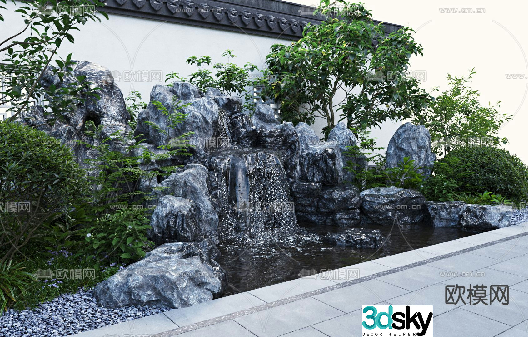 Chinese style landscape rockery and water stone combination 3D model