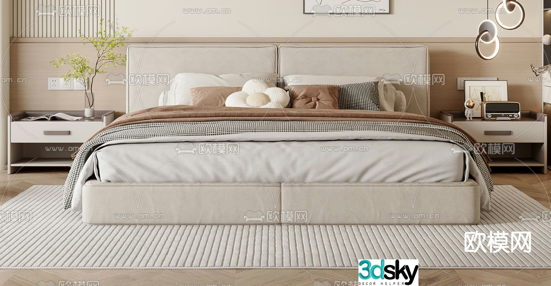 Cream style double bed 3d model