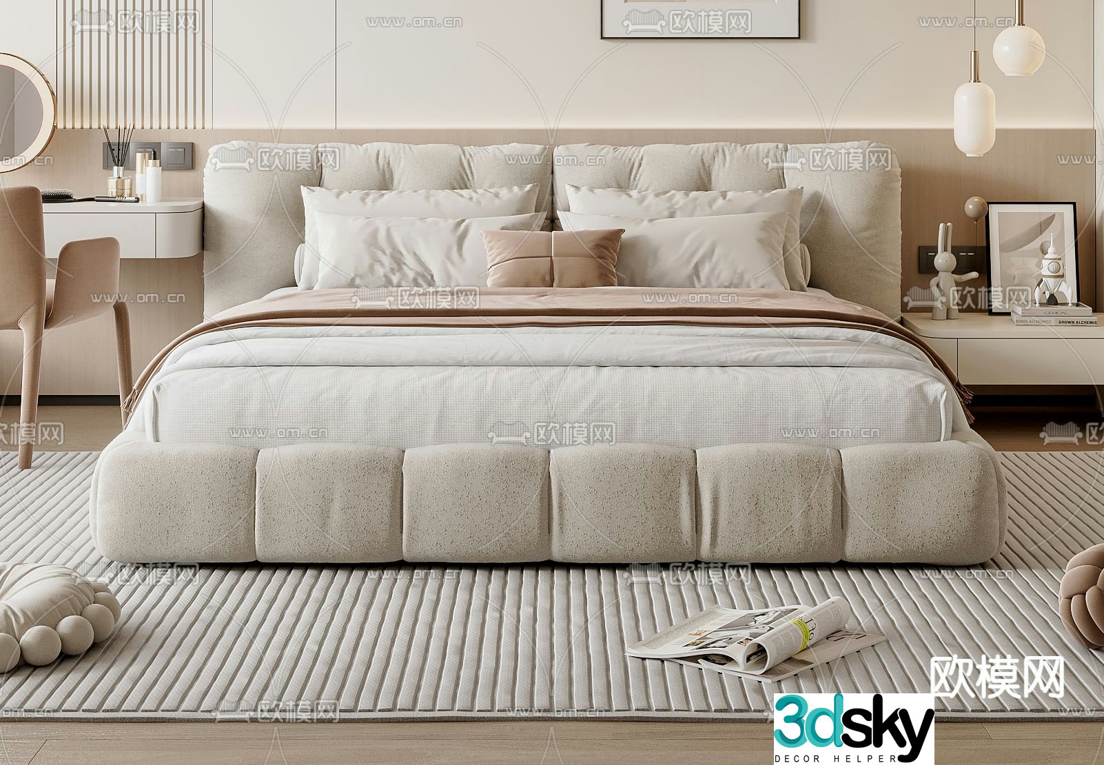 Cream style double bed 3d model