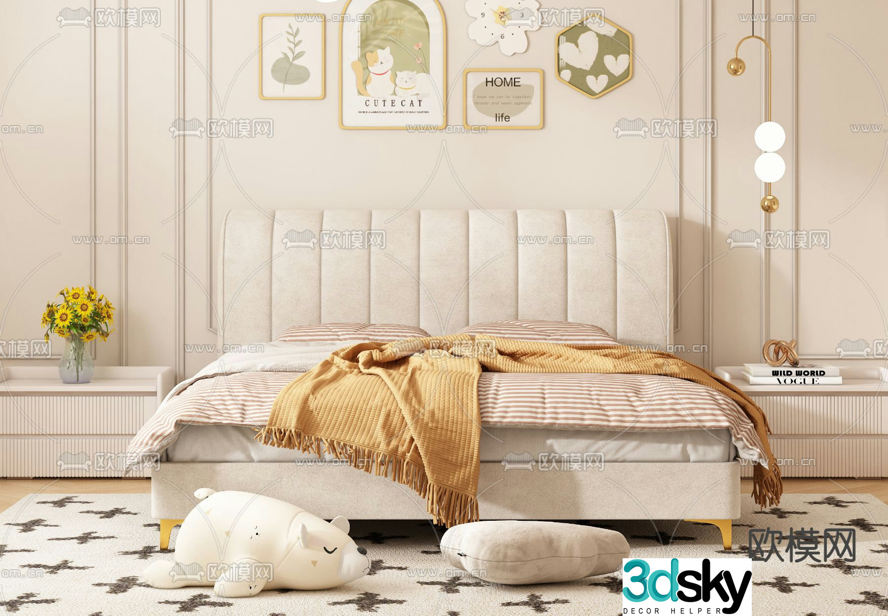 Cream style double bed 3d model