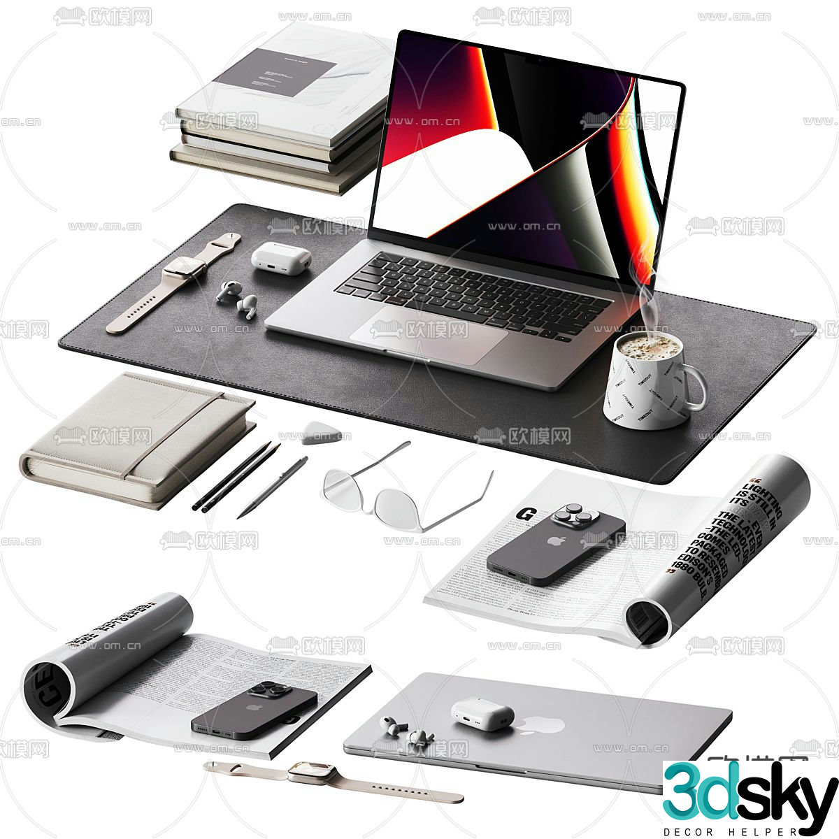 office supplies laptop headphones watch coffee 3d model